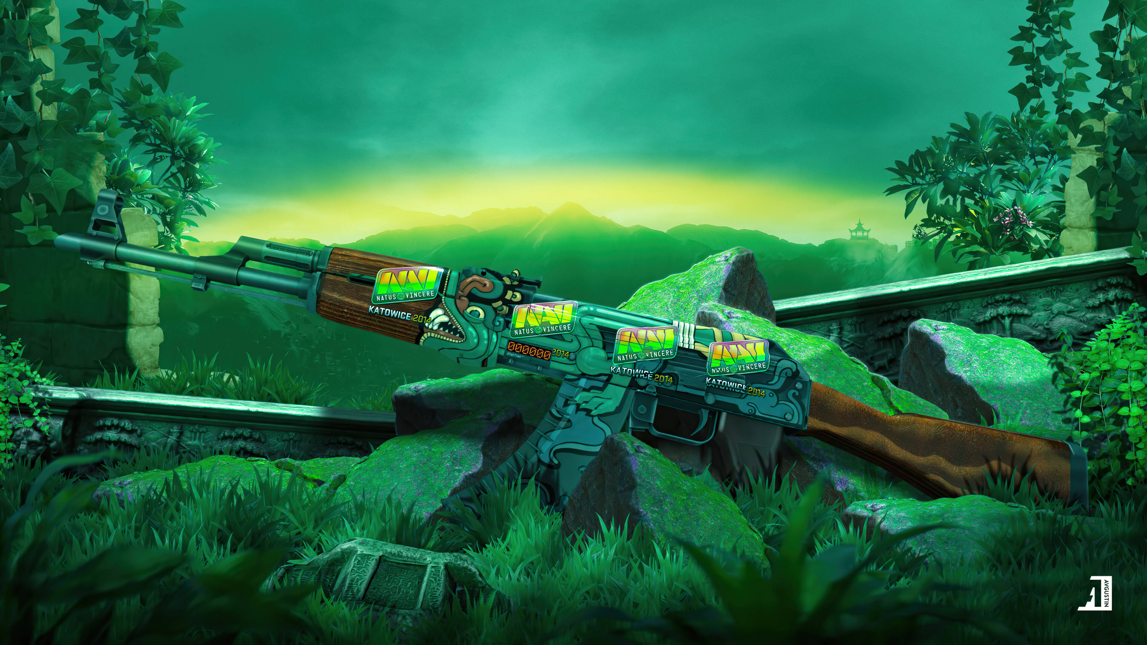 Natus Vincere AK-47 4K CS:GO 壁紙 — 一把經過重度改裝的步槍，帶有發光的綠色塗鴉，放置在茂密叢林環境中長滿苔蘚的岩石上。