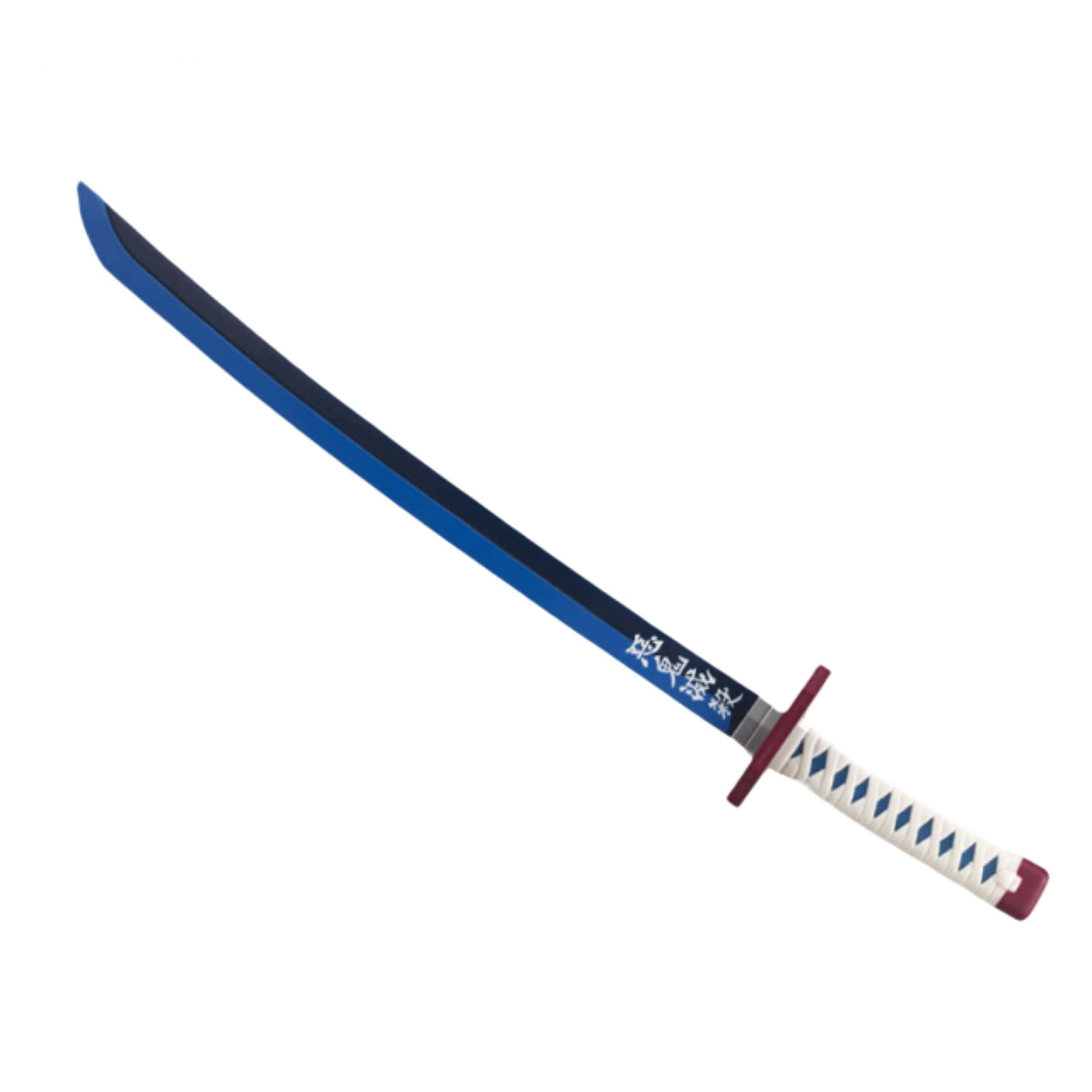 Nichirin Blades 桌布 壁紙 — 一把藍色和黑色的武士刀，帶有白色和藍色纏繞的刀柄和紅色點綴，背景為純白色。