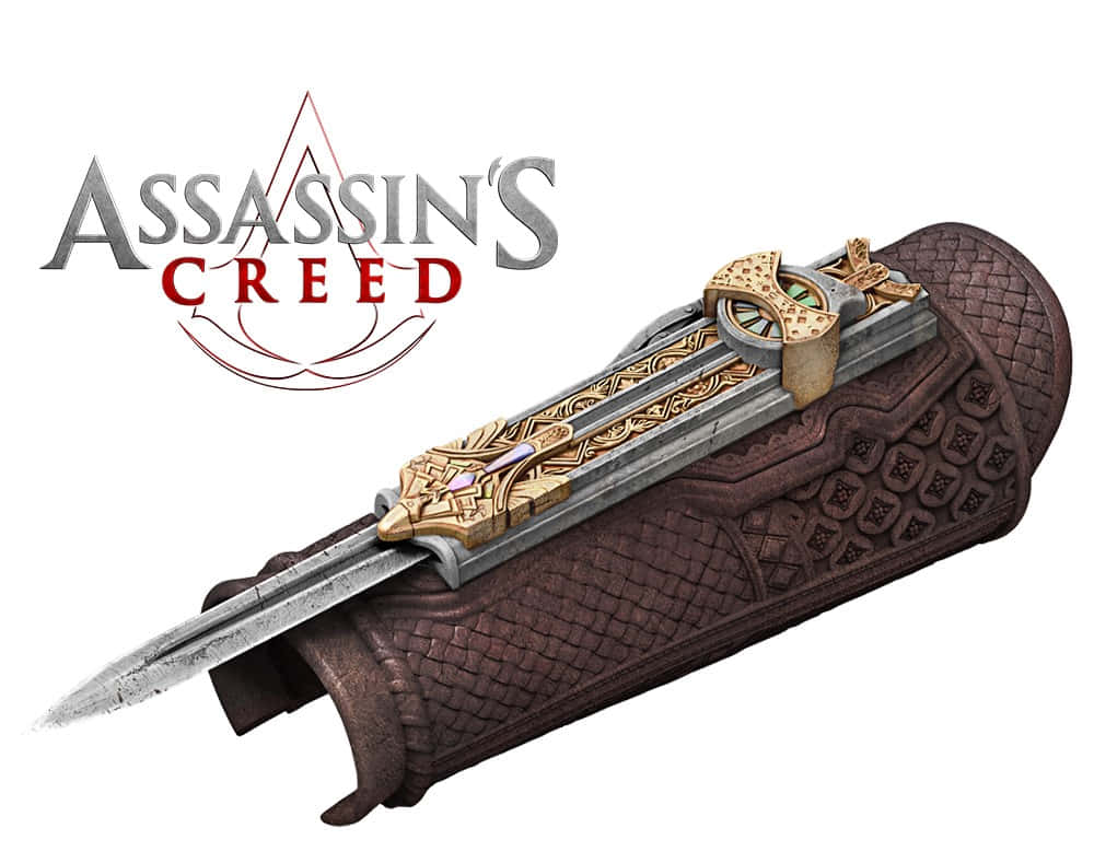 Assassin's Creed Hidden Blades 桌布 壁紙 — 一把詳細的刺客教條隱藏刀刃，帶有華麗的金銀刀片和紋理棕色皮革握柄，背景為白色。