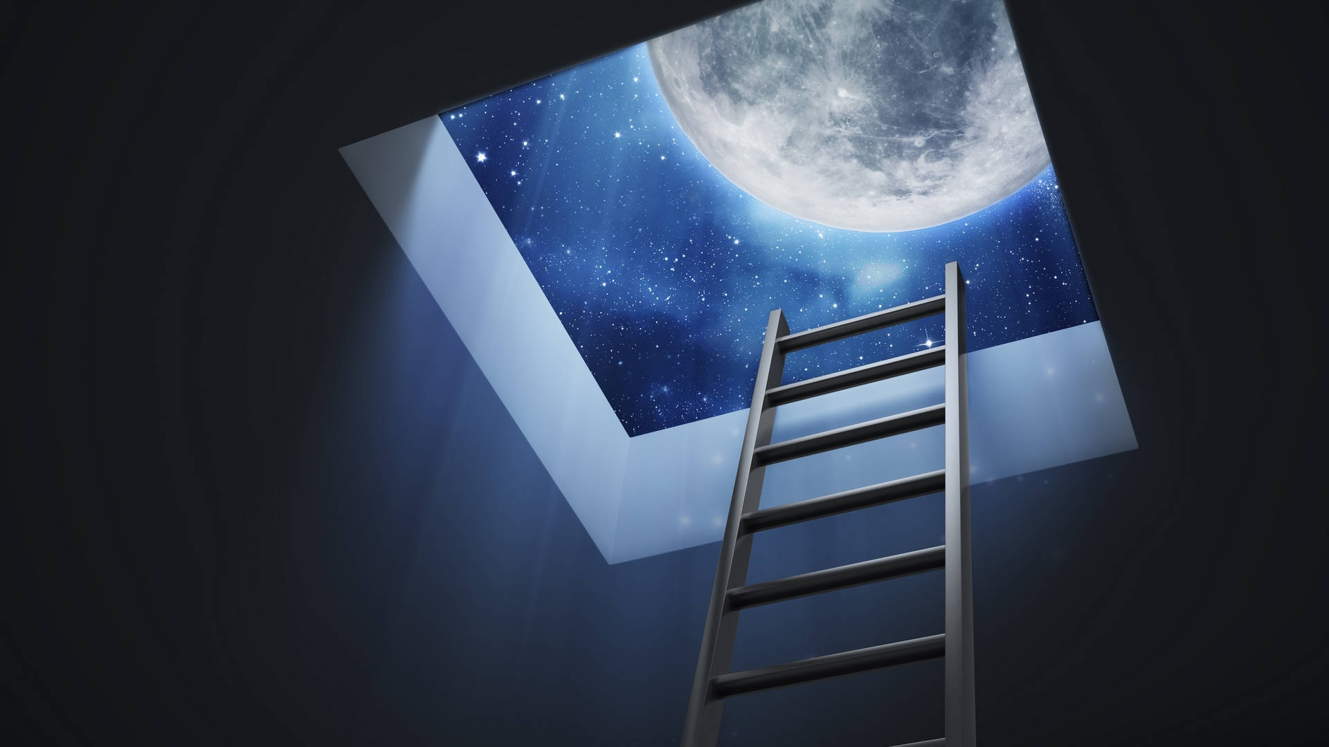 夜空 桌布 壁紙 — 一把金屬梯子穿過天窗，通向發光的月亮和繁星點點的夜空。
