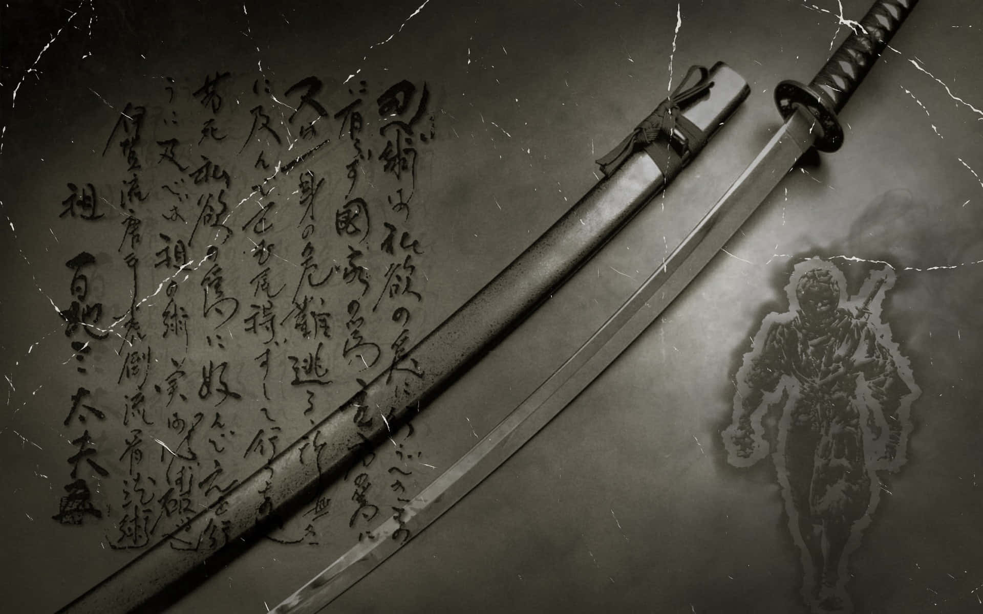 Bushido 桌布 壁紙 — 一把風化的武士刀斜放在一張有日本書法和褪色武士剪影的破裂羊皮紙上。