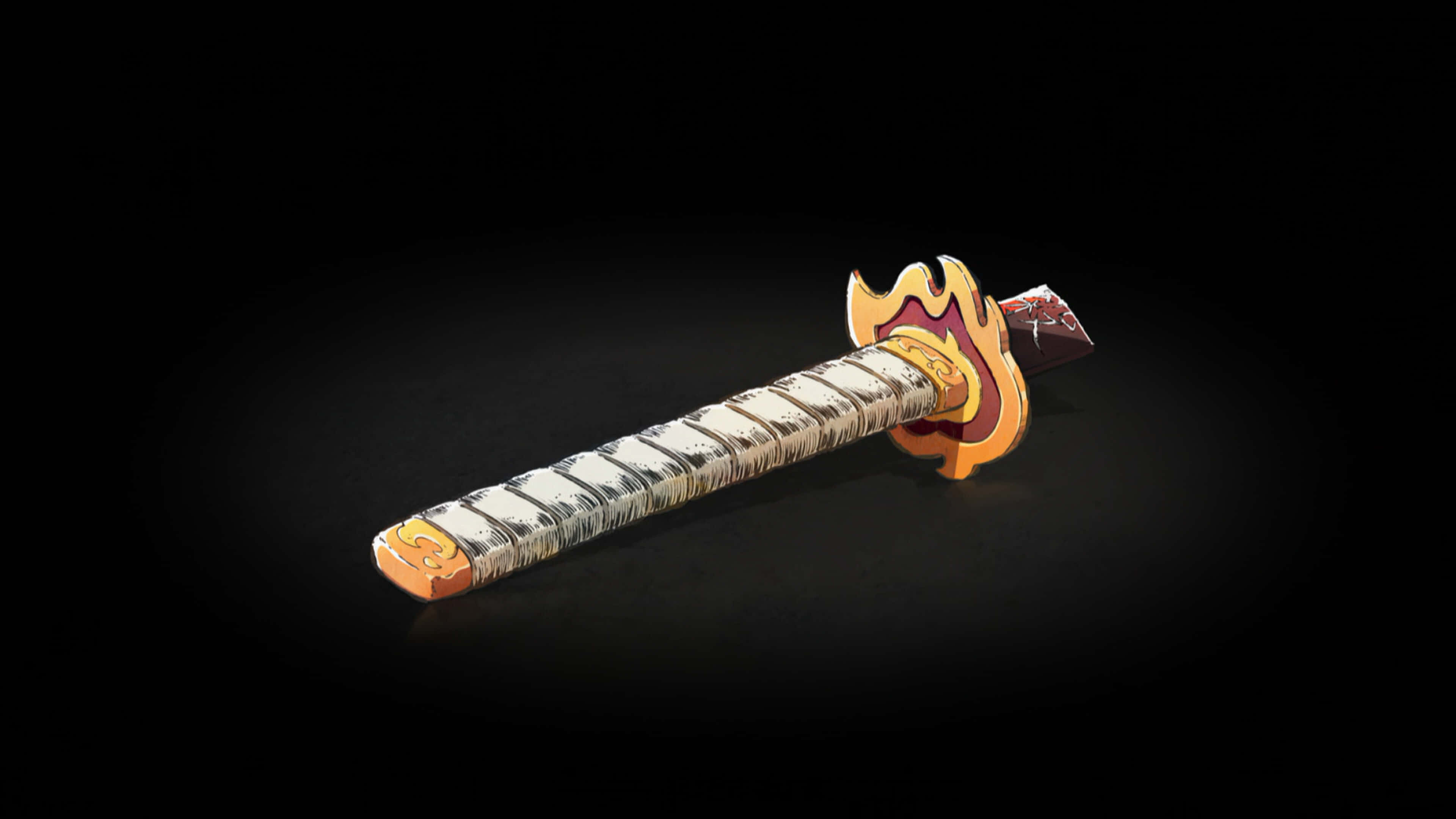 Rengoku Sword 桌布 壁紙 — 一把風格化的劍，帶有火焰主題的劍柄和纏繞的握把，在黑暗背景中發光。