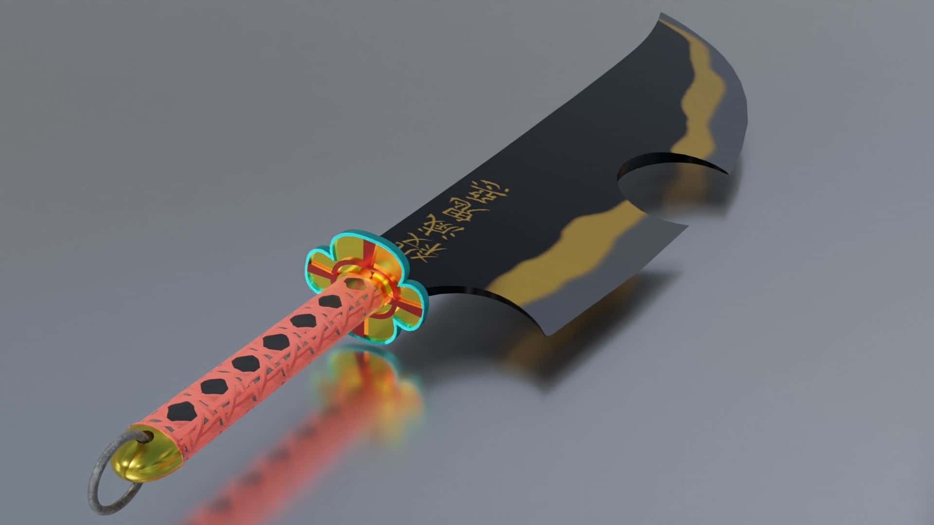 Nichirin Blades 桌布 壁紙 — 一把風格化的劍，黑色劍刃鑲金邊，珊瑚柄上有黑色菱形圖案，放置在灰色表面上。