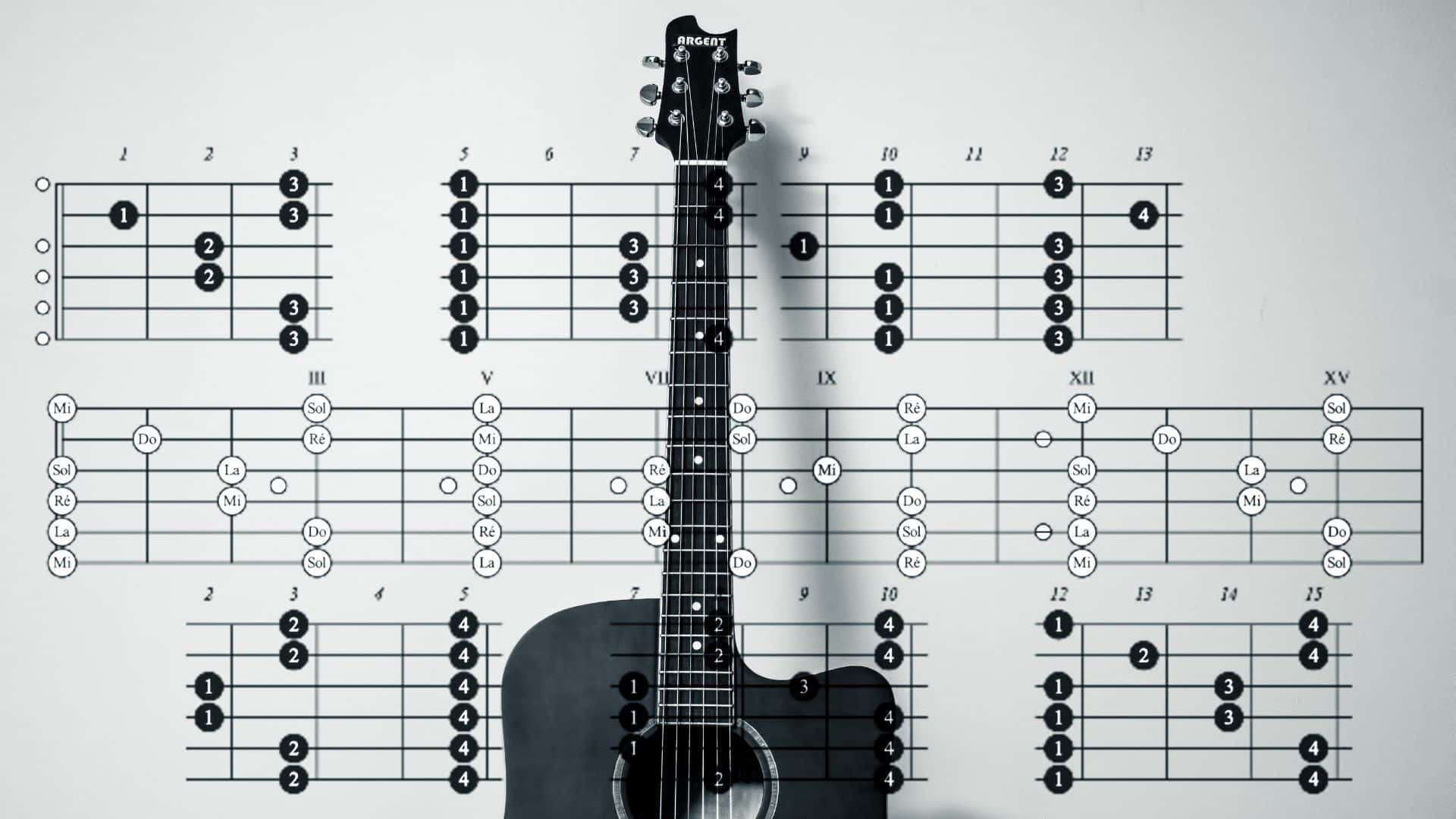 Black And White Guitar 桌布 壁紙 — 一把黑色木結他置於白色背景中央，上面覆蓋著詳細的指板圖，顯示和弦位置。