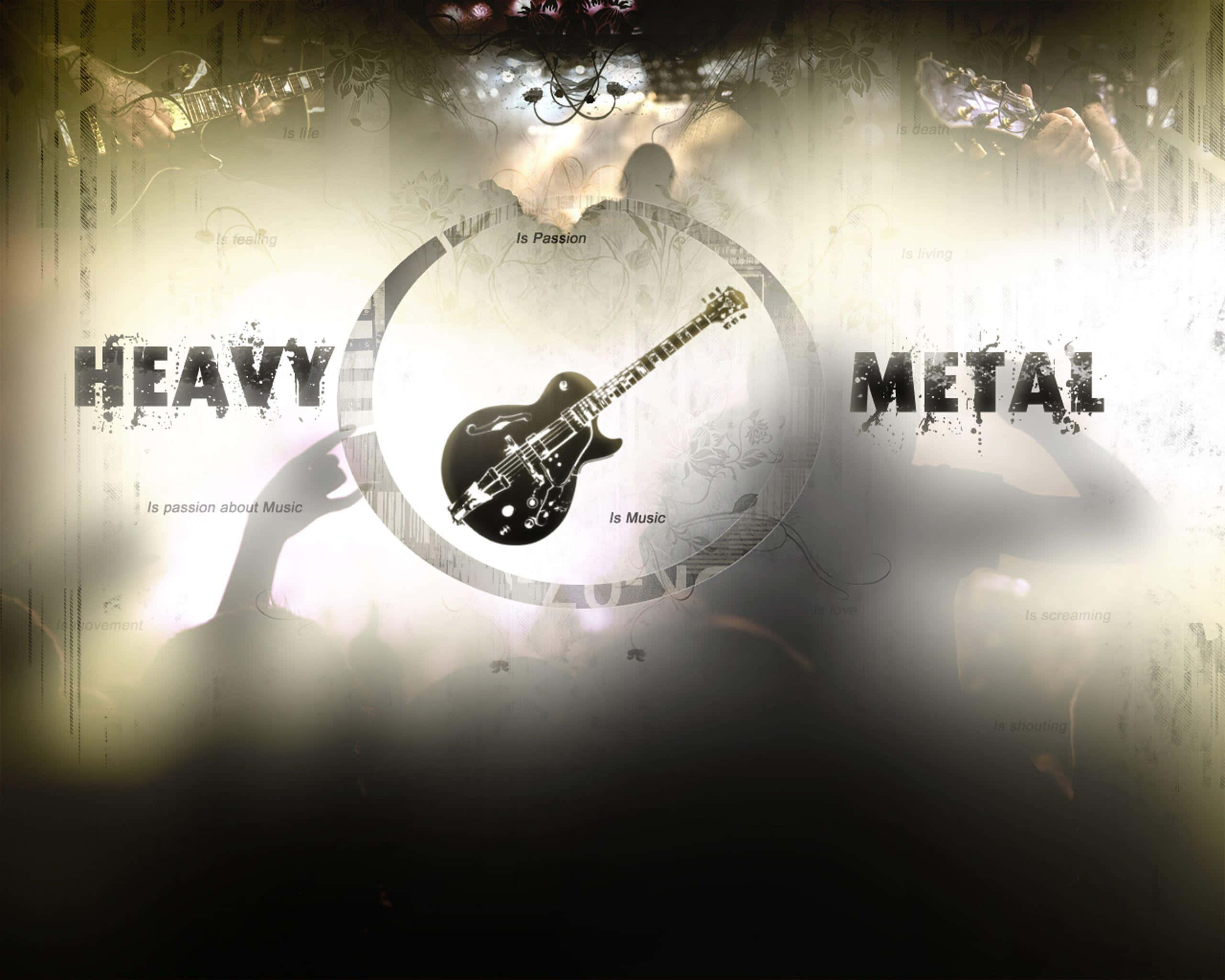Heavy Metal 桌布 壁紙 — 一把黑色電結他置於圓形框架中央，帶有 'HEAVY METAL' 文字和剪影音樂家，背景粗糙有紋理。