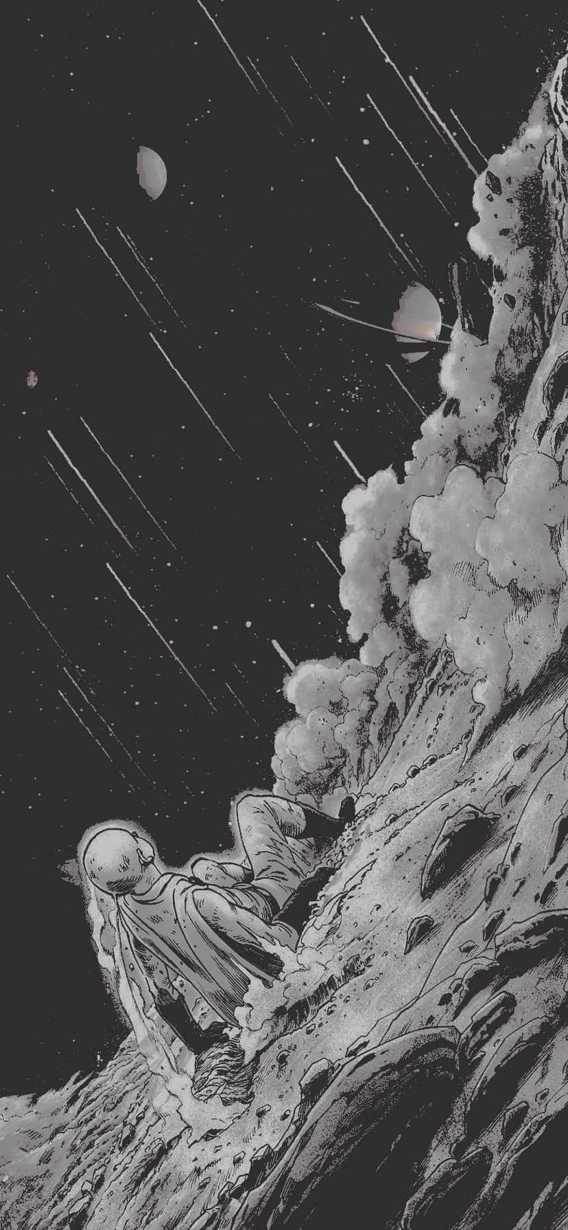 太空人在太空中緊貼峭壁，流星和月亮漂浮而過。