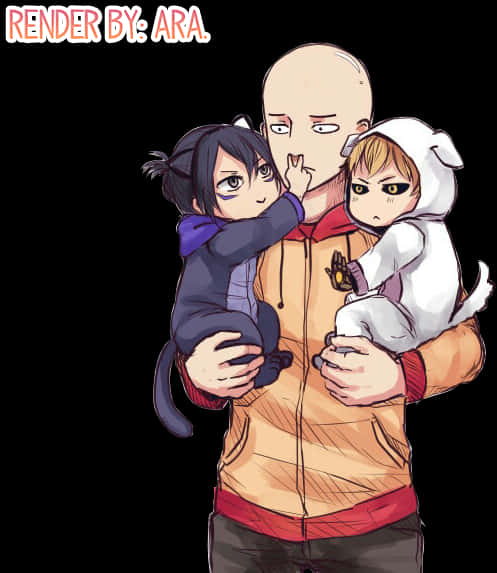 一拳超人：埼玉與朋友同框粉絲藝術 壁紙 — 一個光頭動漫男人穿著橙色連帽衫，抱著兩個孩子，一個穿著深色連帽衫在他耳邊低語，另一個穿著白色狗裝，看起來很惱火。