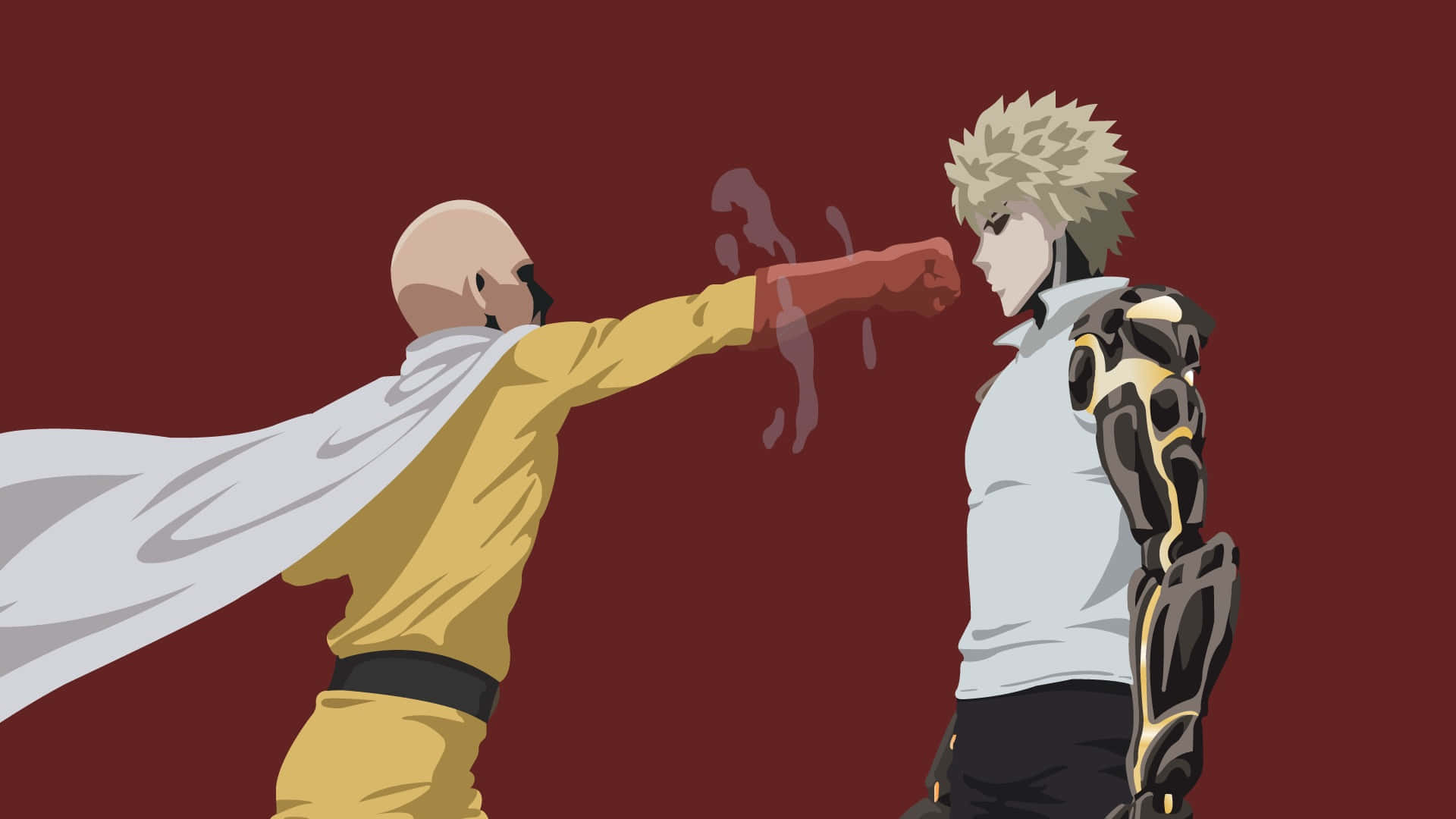 Genos 桌布 壁紙 — 一拳超人喺深紅色背景前向傑諾斯打出強力一拳。