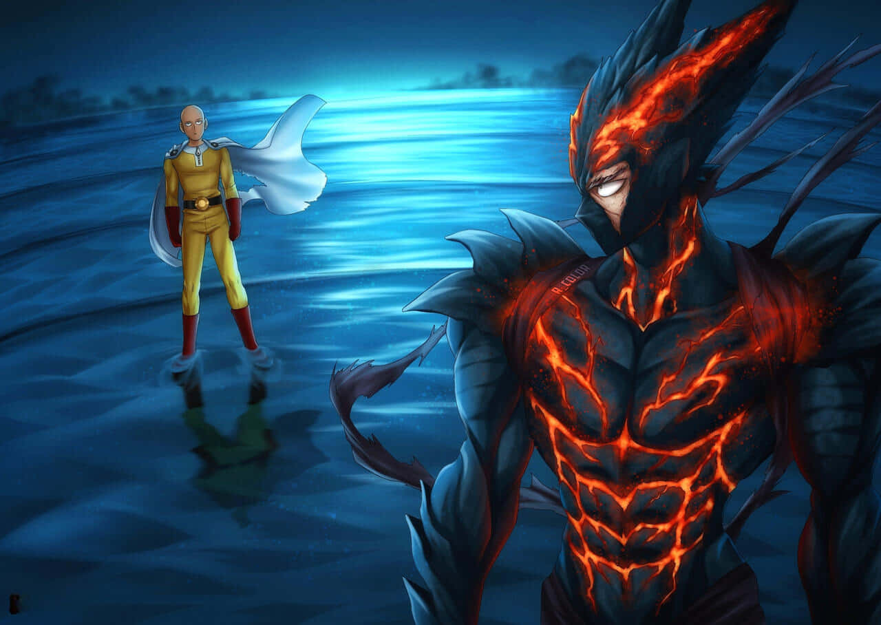 Garou 桌布 壁紙 — 一拳超人平靜地站在水中，面對著一個在深藍色夜空下、皮膚如熔岩般火熱的怪物。