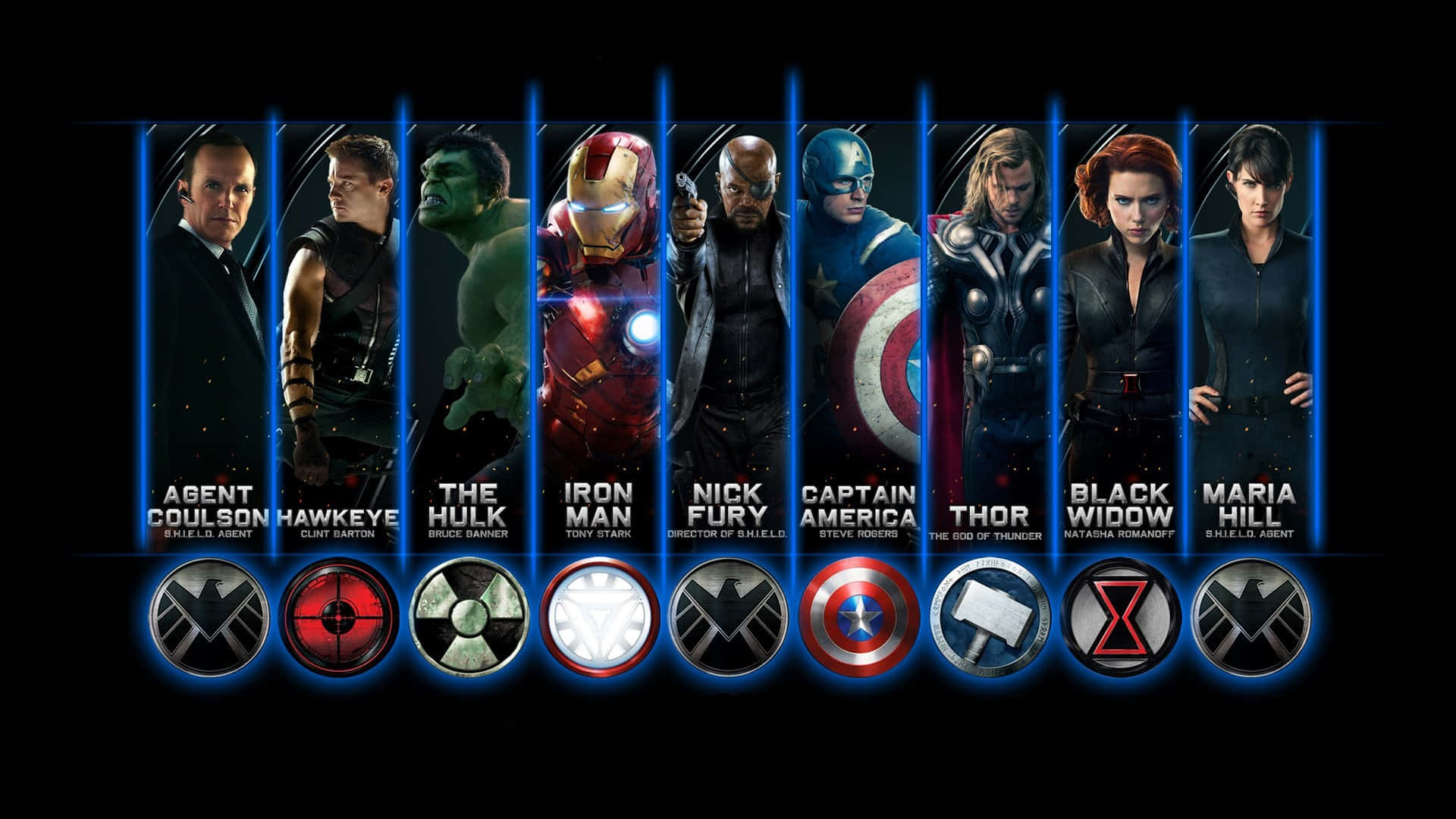 New Avengers 桌布 壁紙 — 一排Marvel超級英雄和特工在發光藍色垂直面板上，黑色背景，下方有他們的名字和符號。