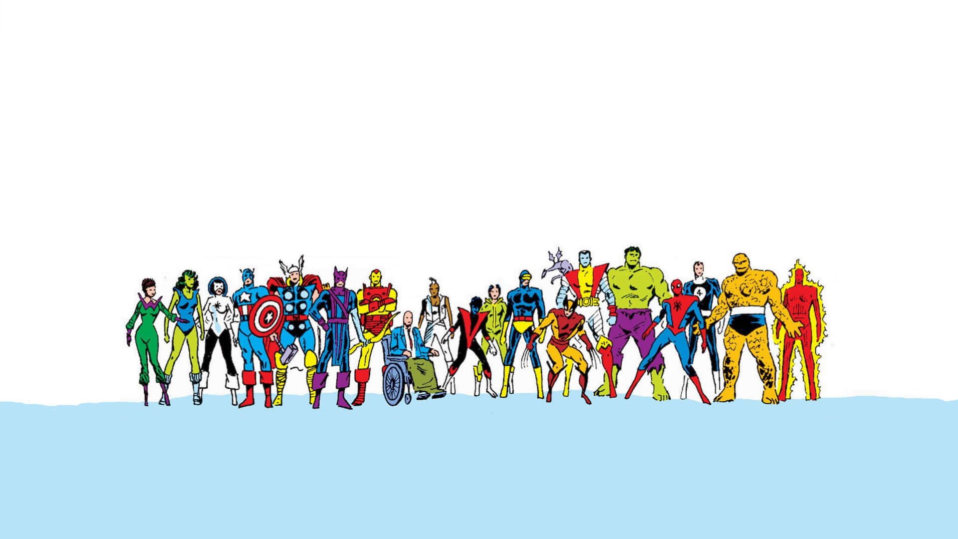 Secret Wars 桌布 壁紙 — 一排充滿活力的標誌性漫畫超級英雄，以極簡的天空和地面為背景，英勇地站立著。
