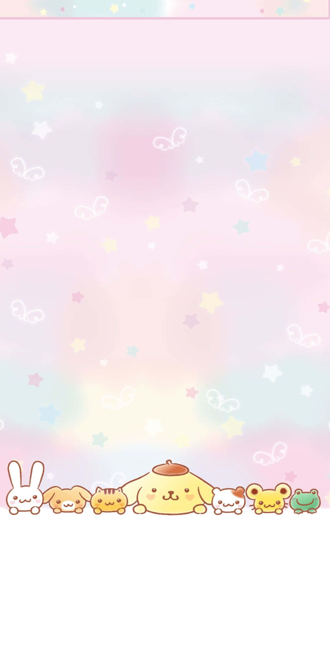 Kawaii Characters 桌布 壁紙 — 一排可愛的卡通動物從充滿星星和雲朵的粉彩天空下探出頭來。