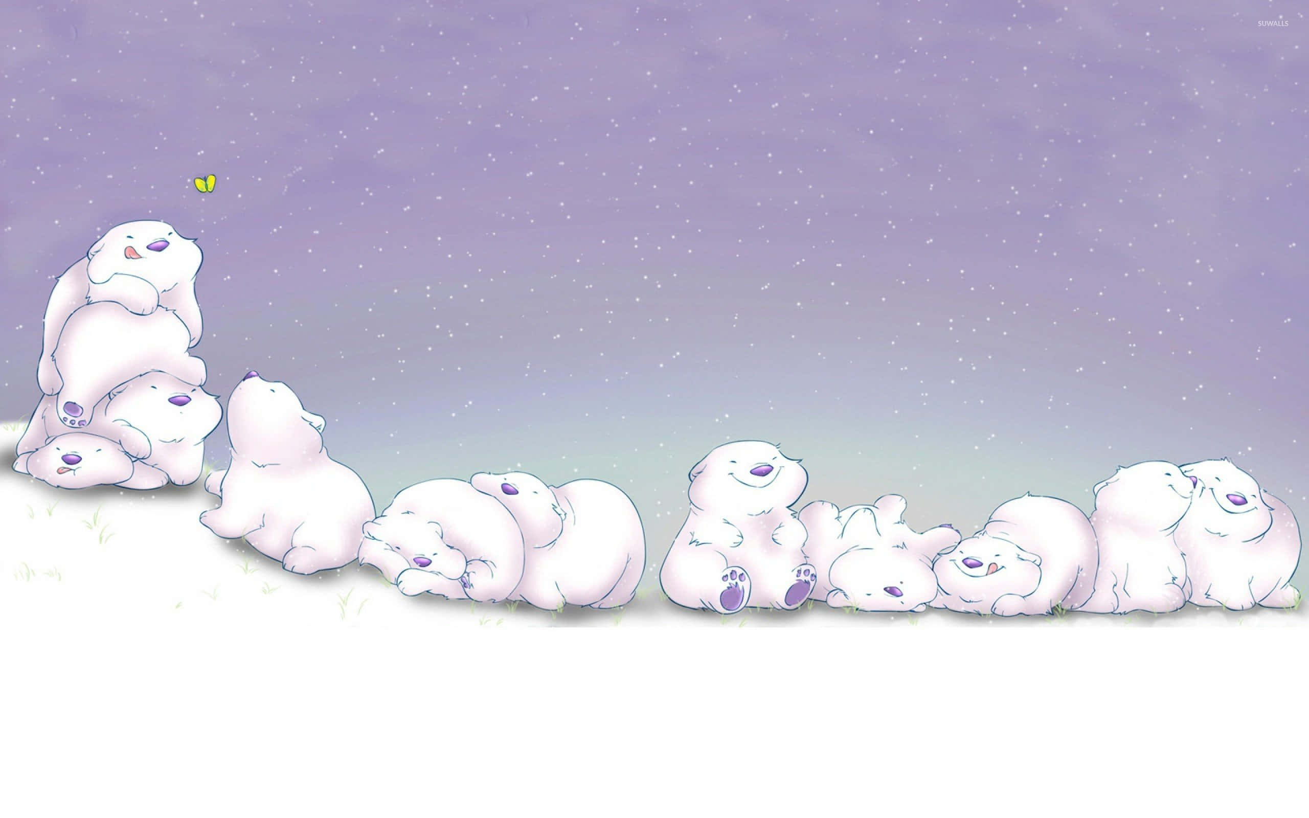 Cartoon Polar Bear 桌布 壁紙 — 一排可愛的卡通北極熊在柔和的紫色天空下，在雪地上休憩和睡覺，雪花飄落。