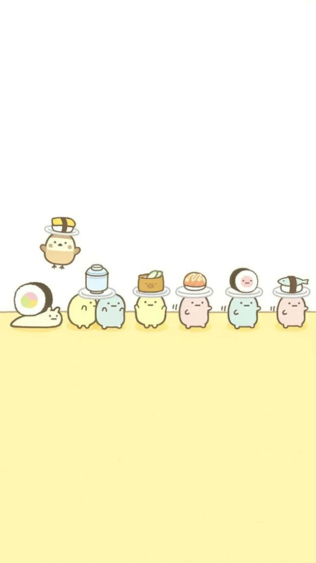 Kawaii Cartoon 桌布 壁紙 — 一排可愛的粉彩顏色Sumikko Gurashi角色，戴著壽司和食物主題的帽子，襯托著柔和的黃色背景。