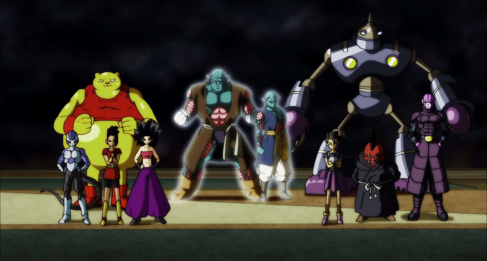 Dragon Ball Super Universe 6 桌布 壁紙 — 一排多樣化的動漫角色，眼睛發光，穿著色彩繽紛的服裝，站在黑暗的背景前。