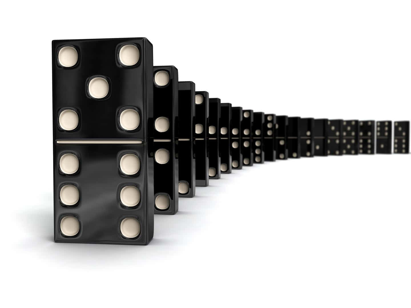 Domino 桌布 壁紙 — 一排帶有奶油色圓點的亮面黑色多米諾骨牌在白色背景上逐漸消失在遠方。