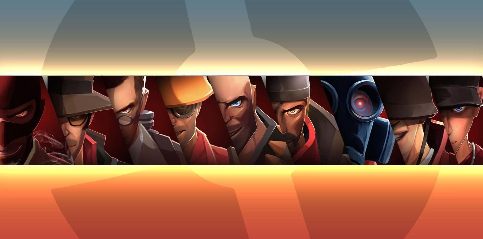 Team Fortress 2 Characters 桌布 壁紙 — 一排戴著帽子和面具的風格化動畫角色，在溫暖的漸變背景前凝視著。
