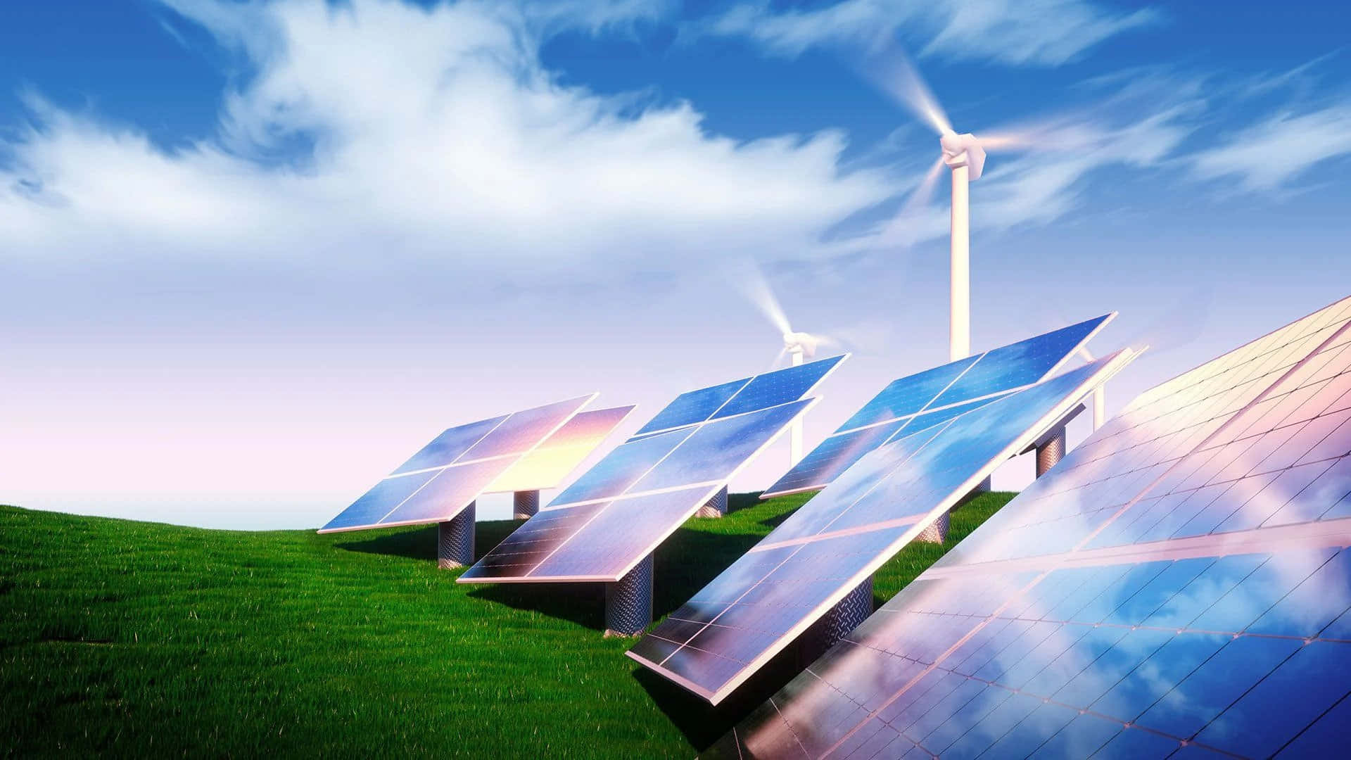 Energy 桌布 壁紙 — 一排排太陽能板和風力渦輪機矗立在青翠的山丘上，上方是明亮的藍天和蓬鬆的白雲。