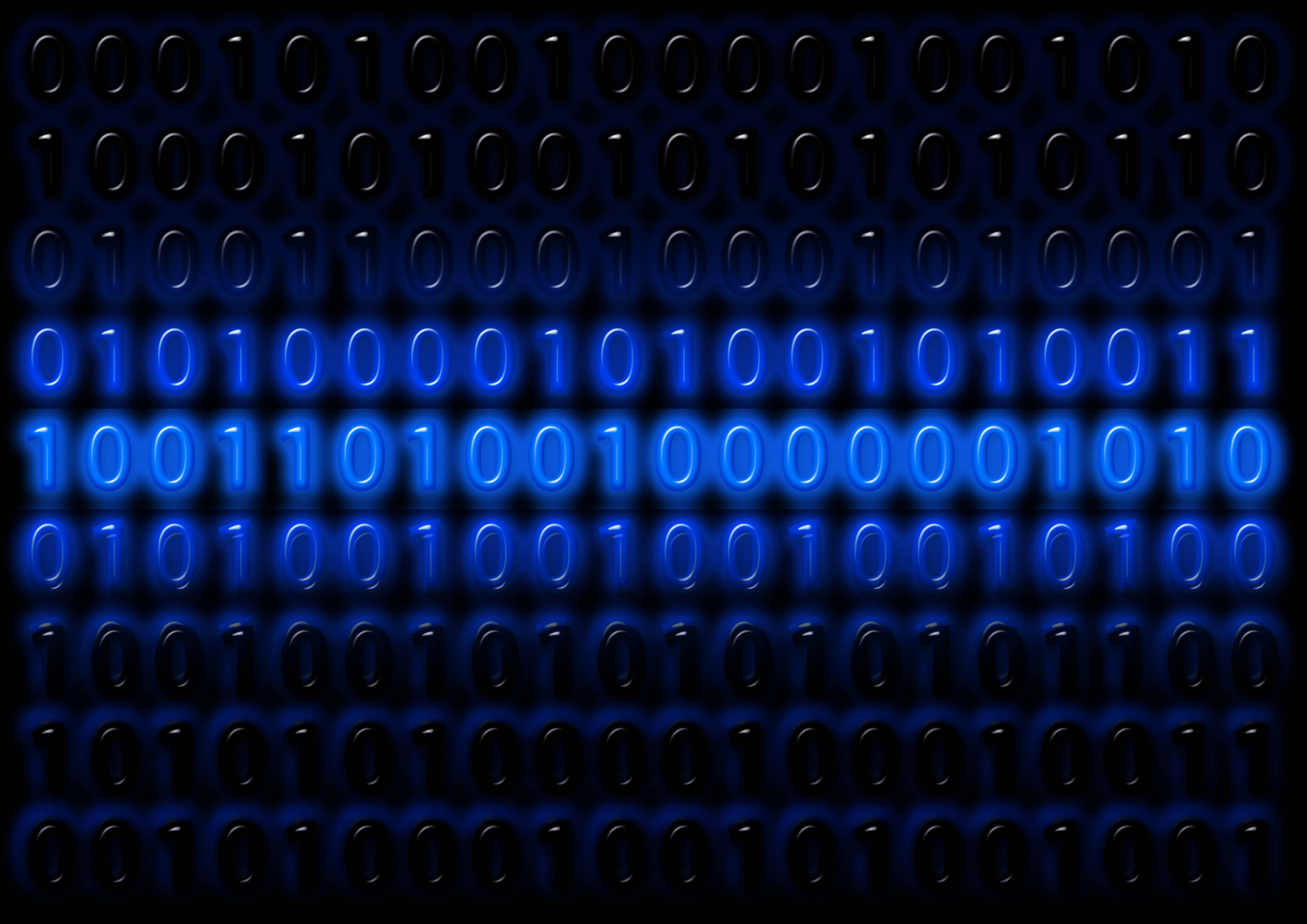 Digital 桌布 壁紙 — 一排排發光的藍色二進制數字在黑暗背景上以數碼網格圖案漂浮。