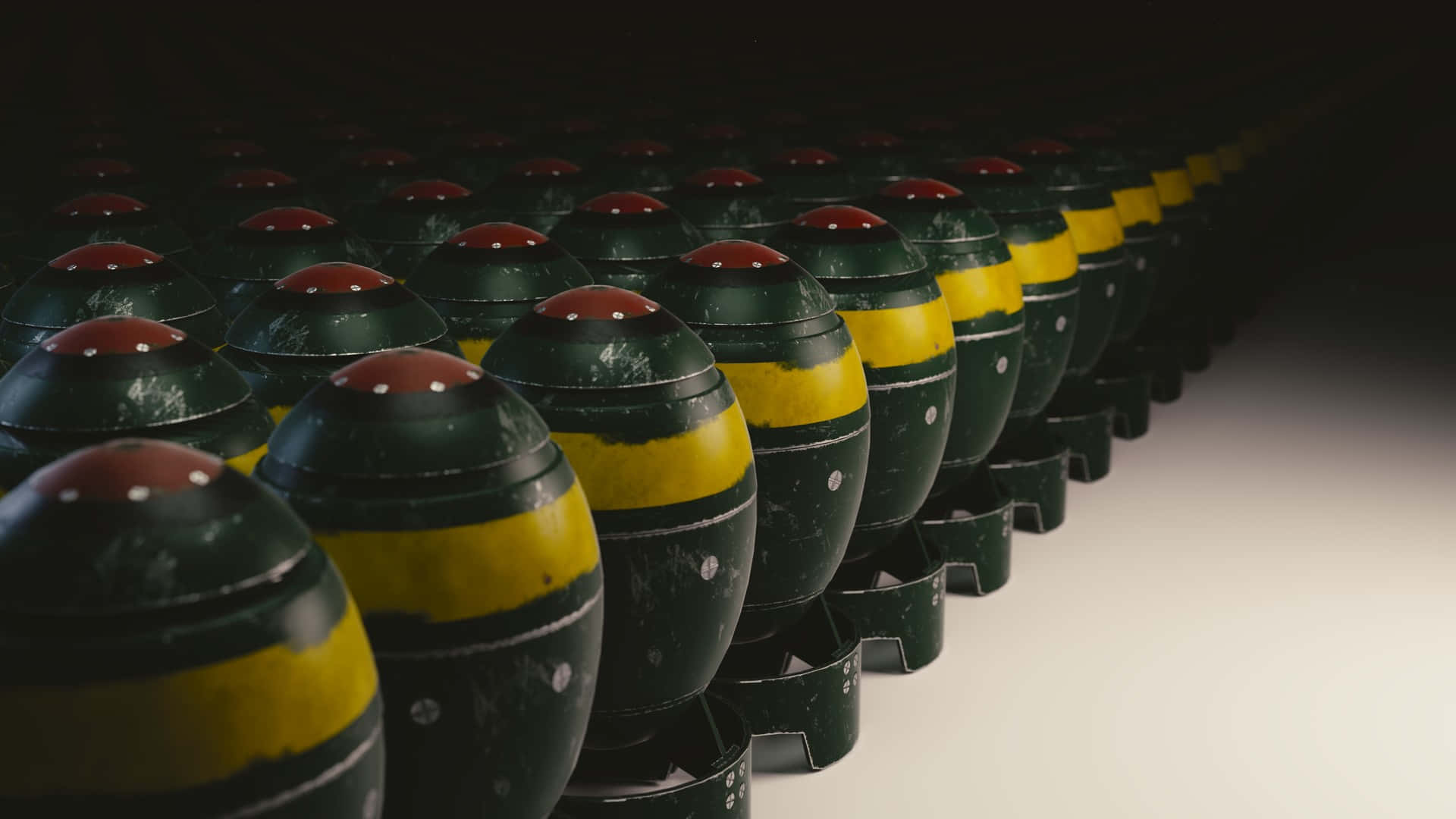 Fallout Nuke 桌布 壁紙 — 一排排綠色和黃色條紋炸彈，頂部紅色，在深色漸變背景上精確對角線排列。