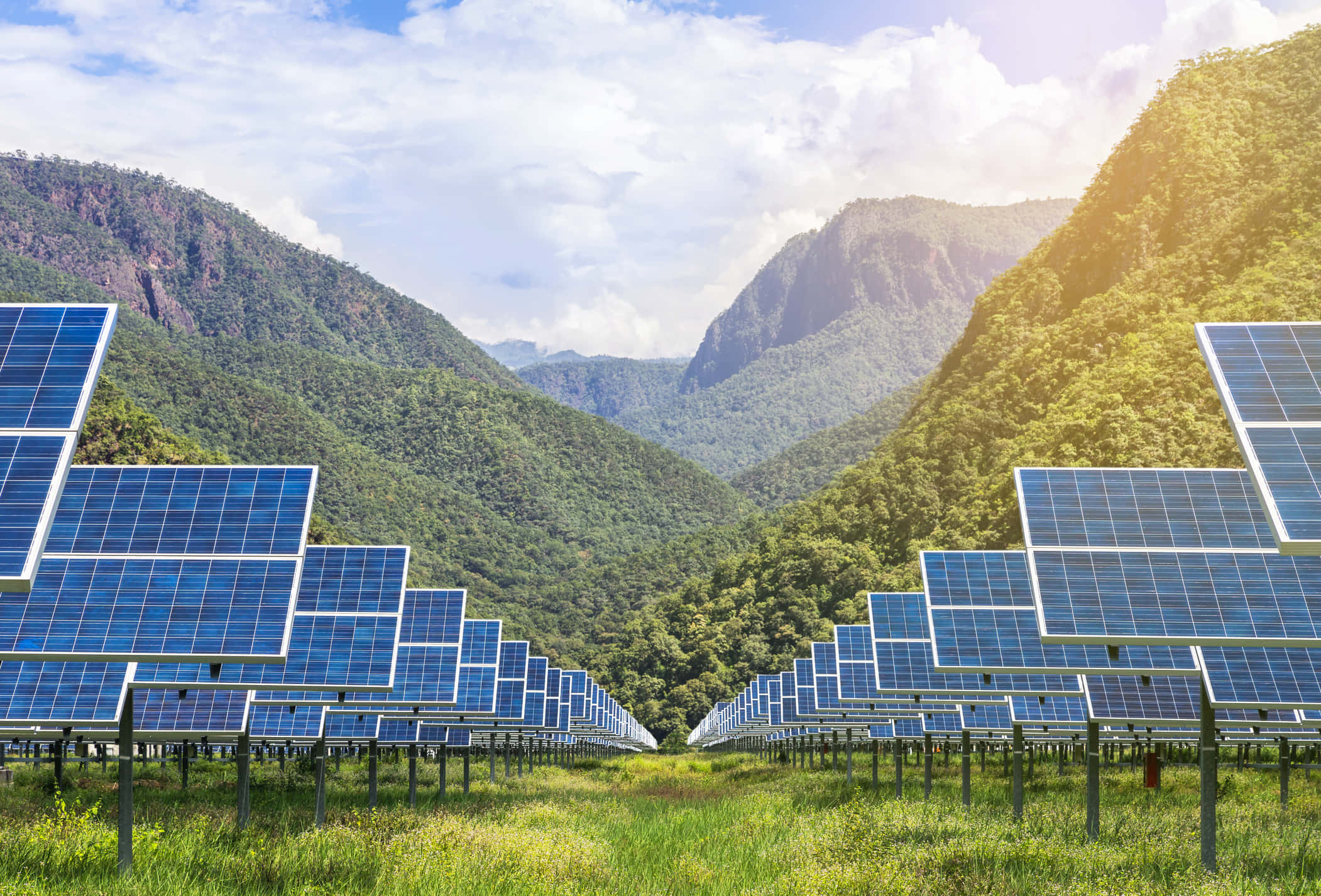 Energy 桌布 壁紙 — 一排排藍色太陽能板延伸穿過一個被茂密青山環繞的草地山谷，天空明亮，部分多雲。