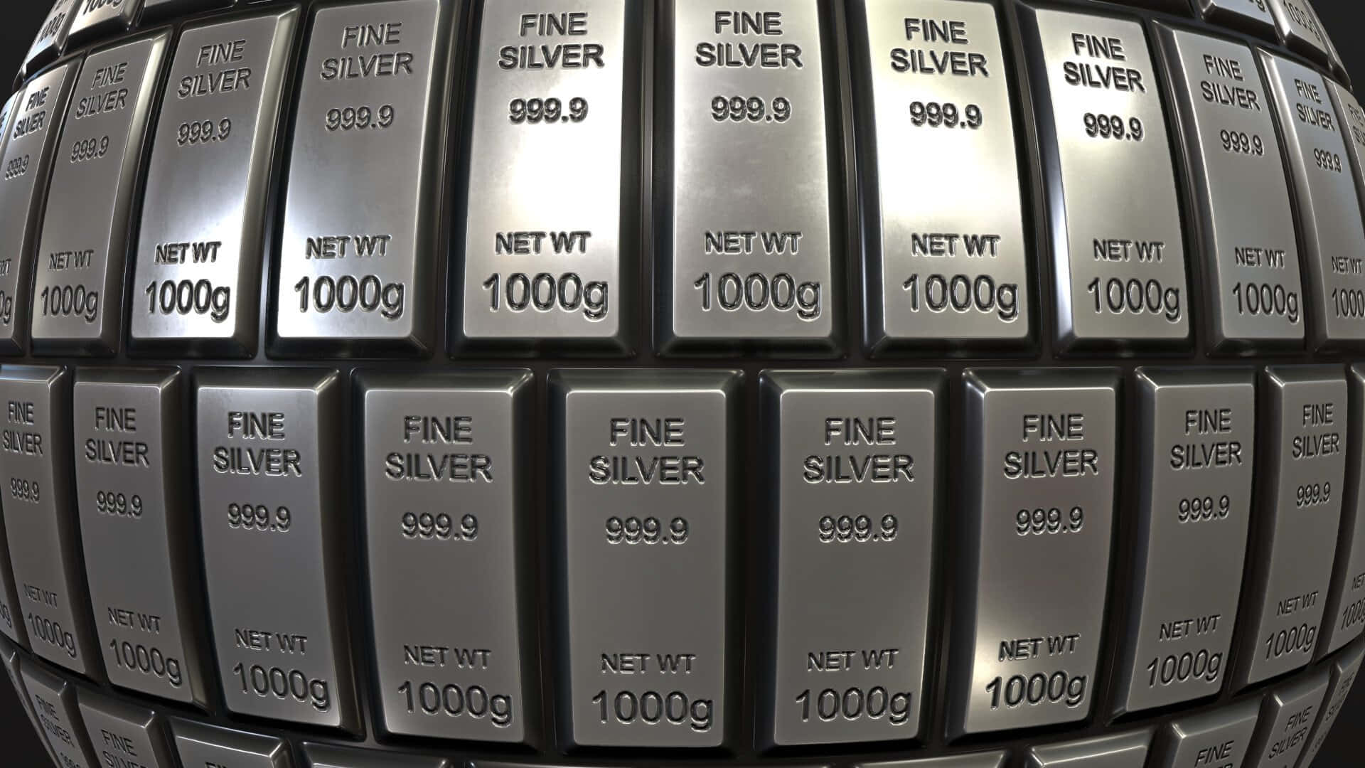銀色 桌布 壁紙 — 一排排閃閃發光的純銀條，標示純度999.9及重量1000g，排列成彎曲重複的圖案。