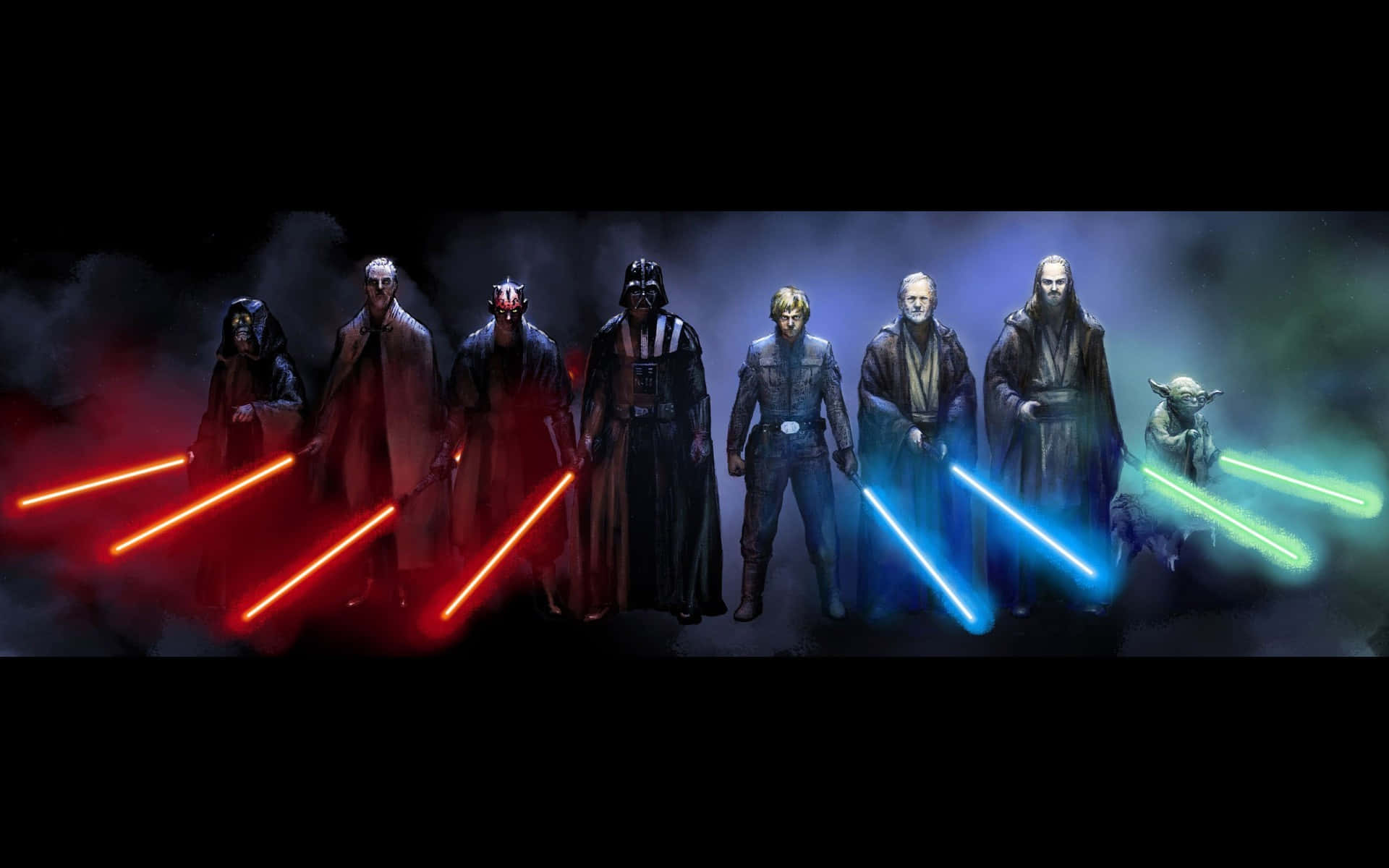 Qui-gon Jinn 桌布 壁紙 — 一排星際大戰角色，手持紅色和藍色光劍，在黑暗煙霧背景中閃耀。