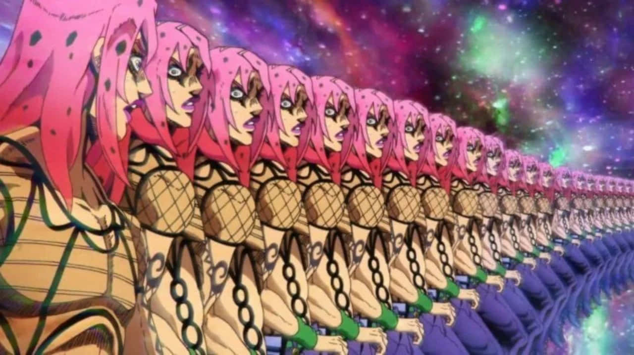 Jojo's Bizarre Adventure Diavolo 桌布 壁紙 — 一排相同粉紅色頭髮的動漫角色穿著圖案服裝，延伸至宇宙銀河背景。