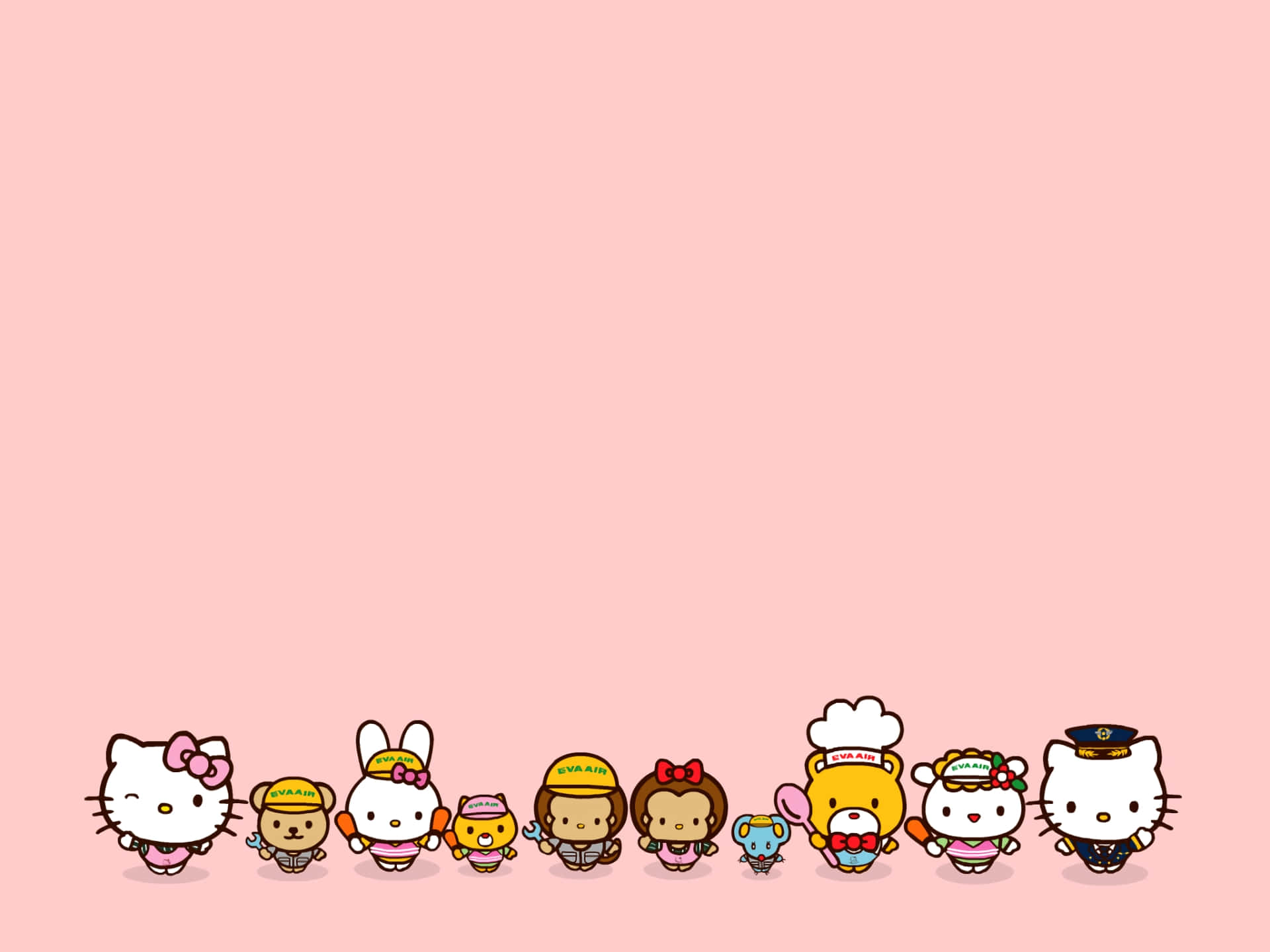 Hello Kitty And Friends 桌布 壁紙 — 一排穿著不同服裝的可愛Sanrio角色站在純粉紅色背景前。