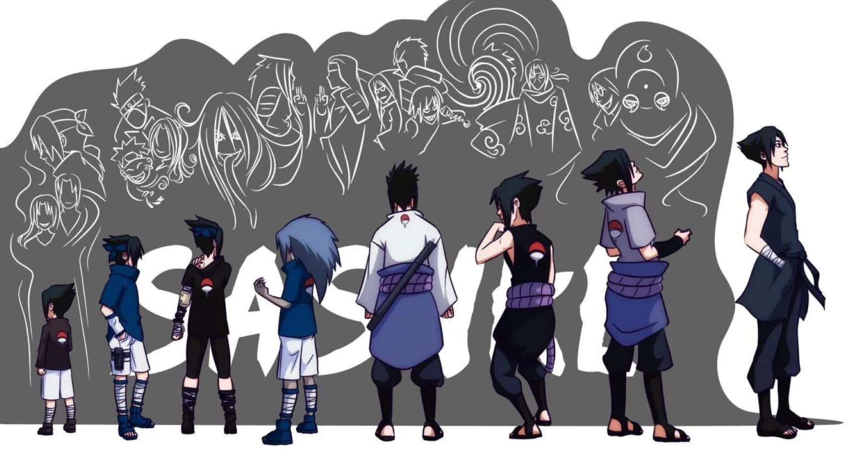 Sasuke Uchiha Cursed Mark 桌布 壁紙 — 一排穿著各種動漫服裝的宇智波佐助，背後有他角色進化的草圖輪廓。