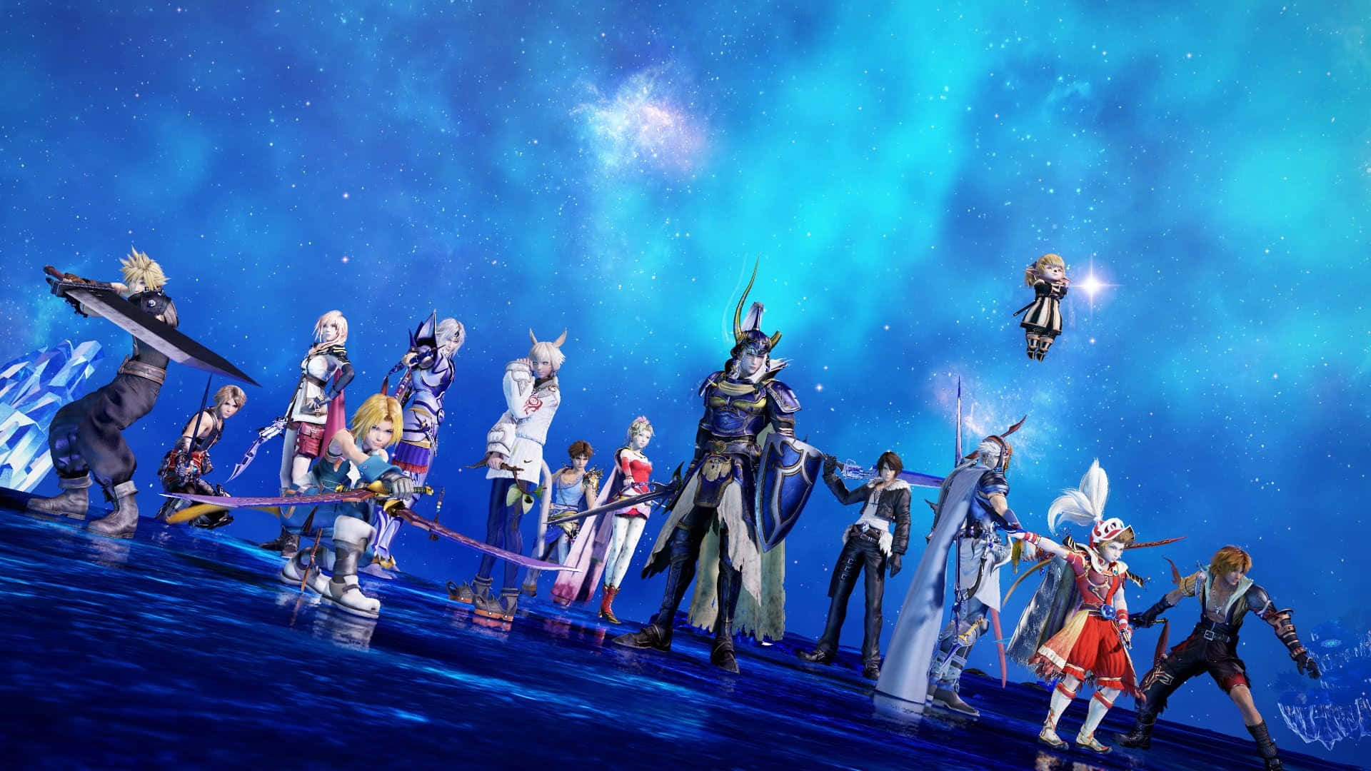 Final Fantasy Characters 桌布 壁紙 — 一排穿著奇幻盔甲的動漫角色站在反射藍色表面上，背景是充滿活力的宇宙天空。