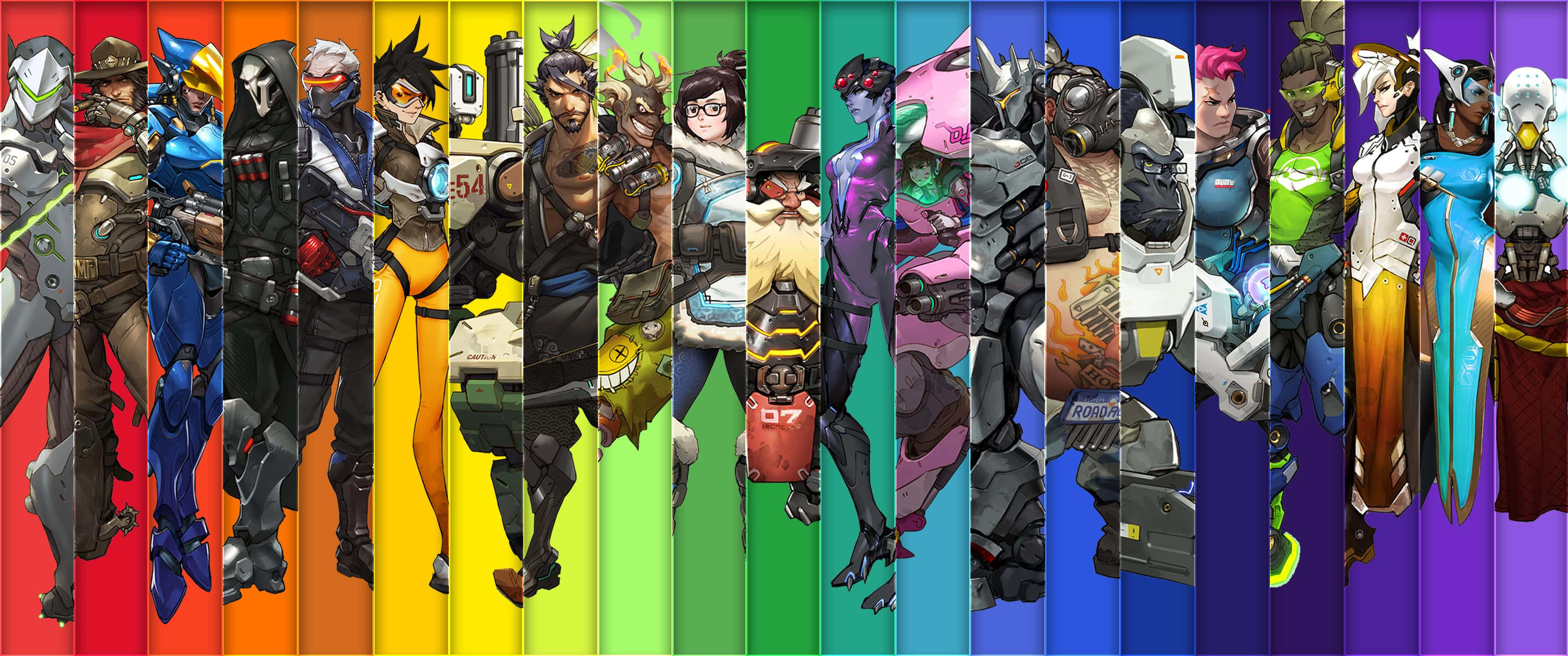 Soldier 76 桌布 壁紙 — 一排色彩繽紛的《鬥陣特攻》英雄，全副武裝，英勇地擺出姿勢。