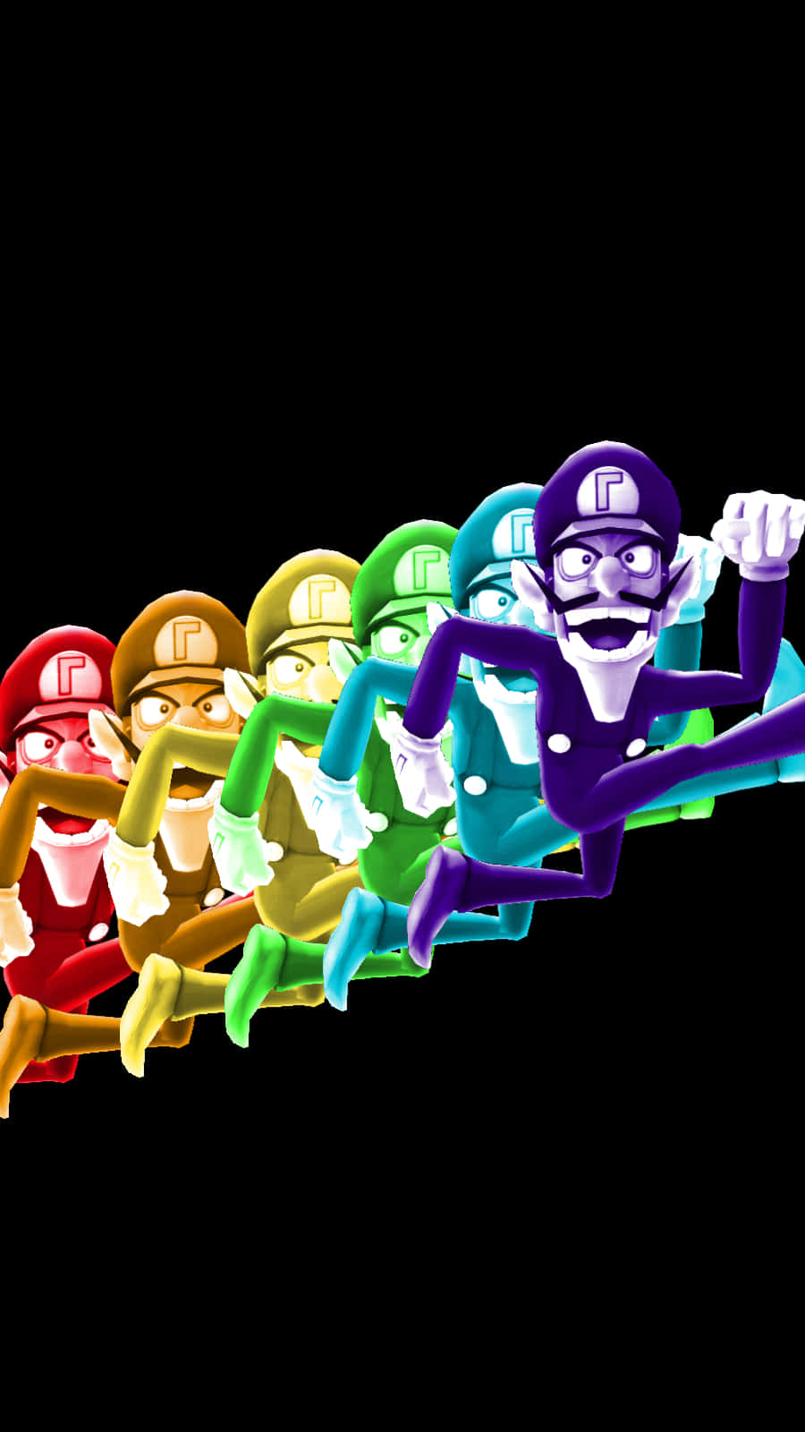 Waluigi 桌布 壁紙 — 一排色彩繽紛的Luigi角色以奔跑姿勢在黑色背景上。