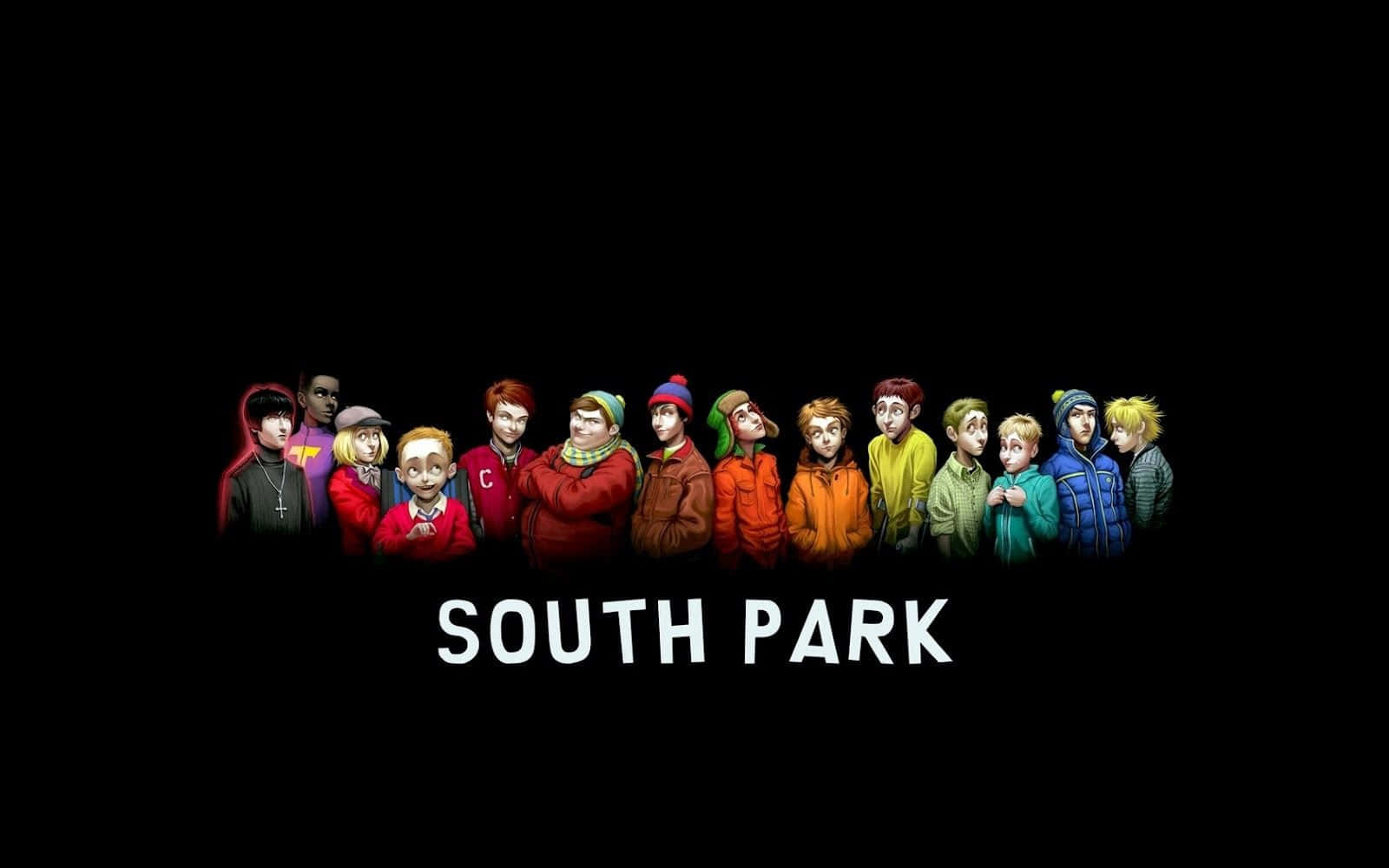 Cool Cartoon 桌布 壁紙 — 一排色彩繽紛的南方公園卡通角色站在黑色背景前，下方有節目名稱。