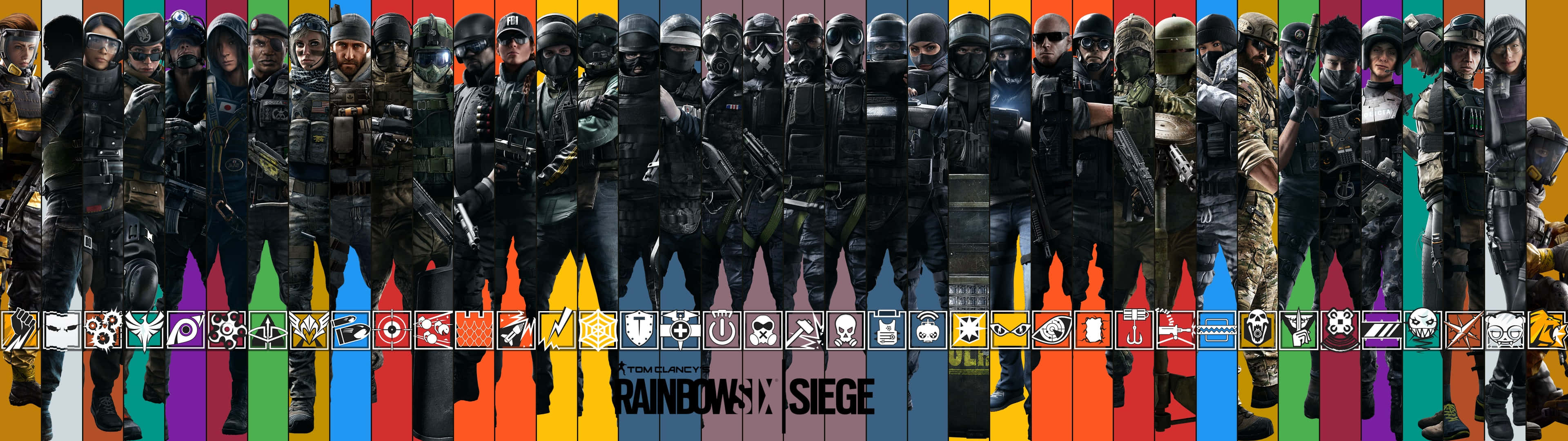 Rainbow Six Siege Operators 桌布 壁紙 — 一排身穿戰術裝備的Rainbow Six Siege特勤幹員站在鮮豔的彩虹背景前，下方有遊戲標誌。