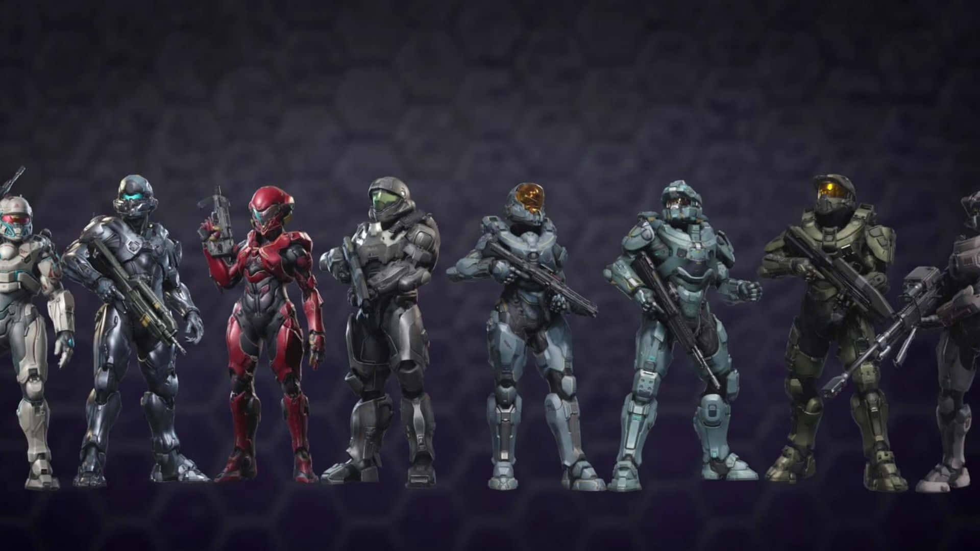 Fireteam Osiris 桌布 壁紙 — 一排身穿未來戰鬥裝備的裝甲士兵，在深色六邊形圖案背景前準備就緒。