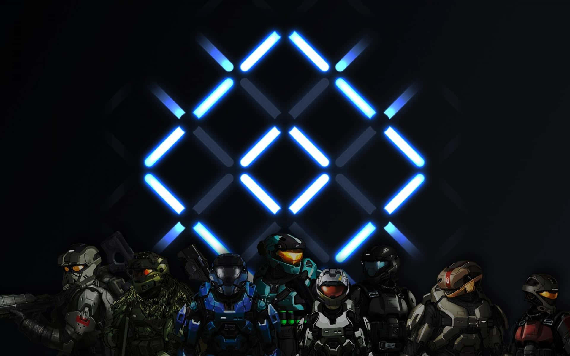 Noble Team 桌布 壁紙 — 一排身穿盔甲的Halo士兵站在黑暗背景前，面對一個發光的藍色幾何光柵。
