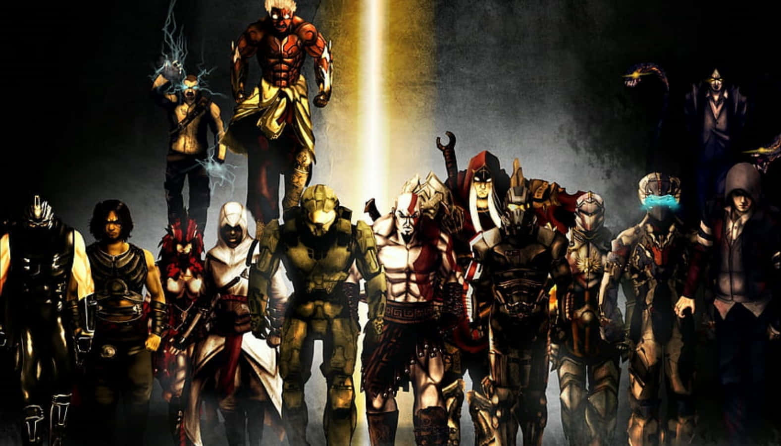 God Of War Characters 桌布 壁紙 — 一排身穿盔甲的戰士和超自然生物站在黑暗電影場景中發光的垂直光束前。