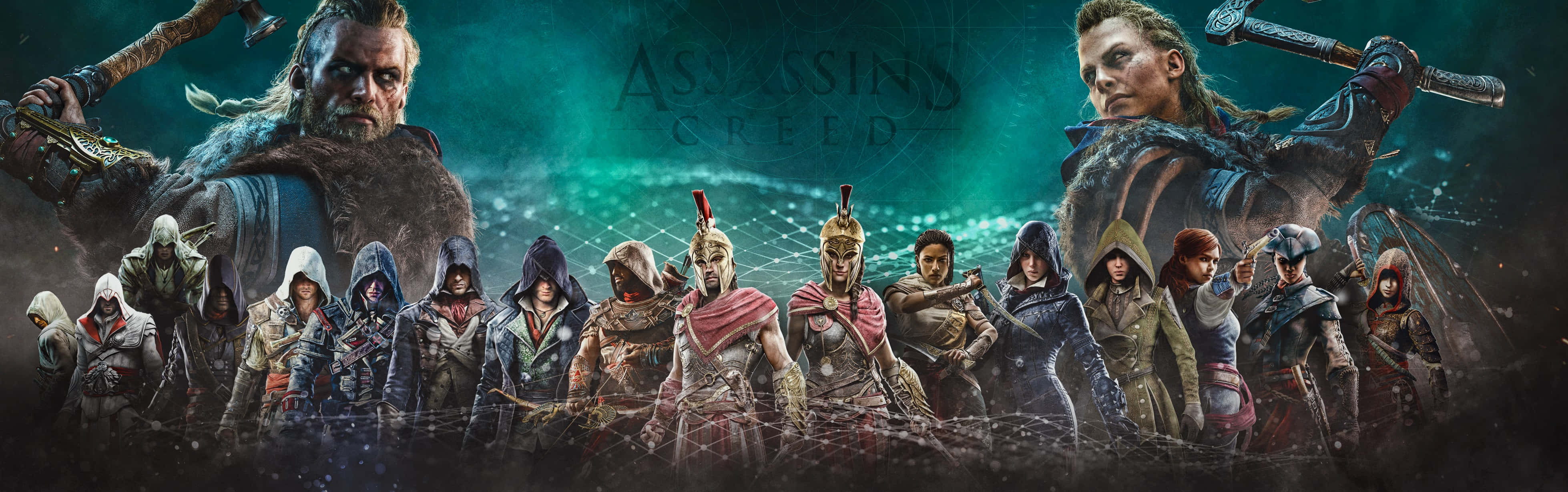 Assassin's Creed Characters 桌布 壁紙 — 一排身穿連帽服裝的刺客教條角色，準備在發光的綠色神秘背景下戰鬥。
