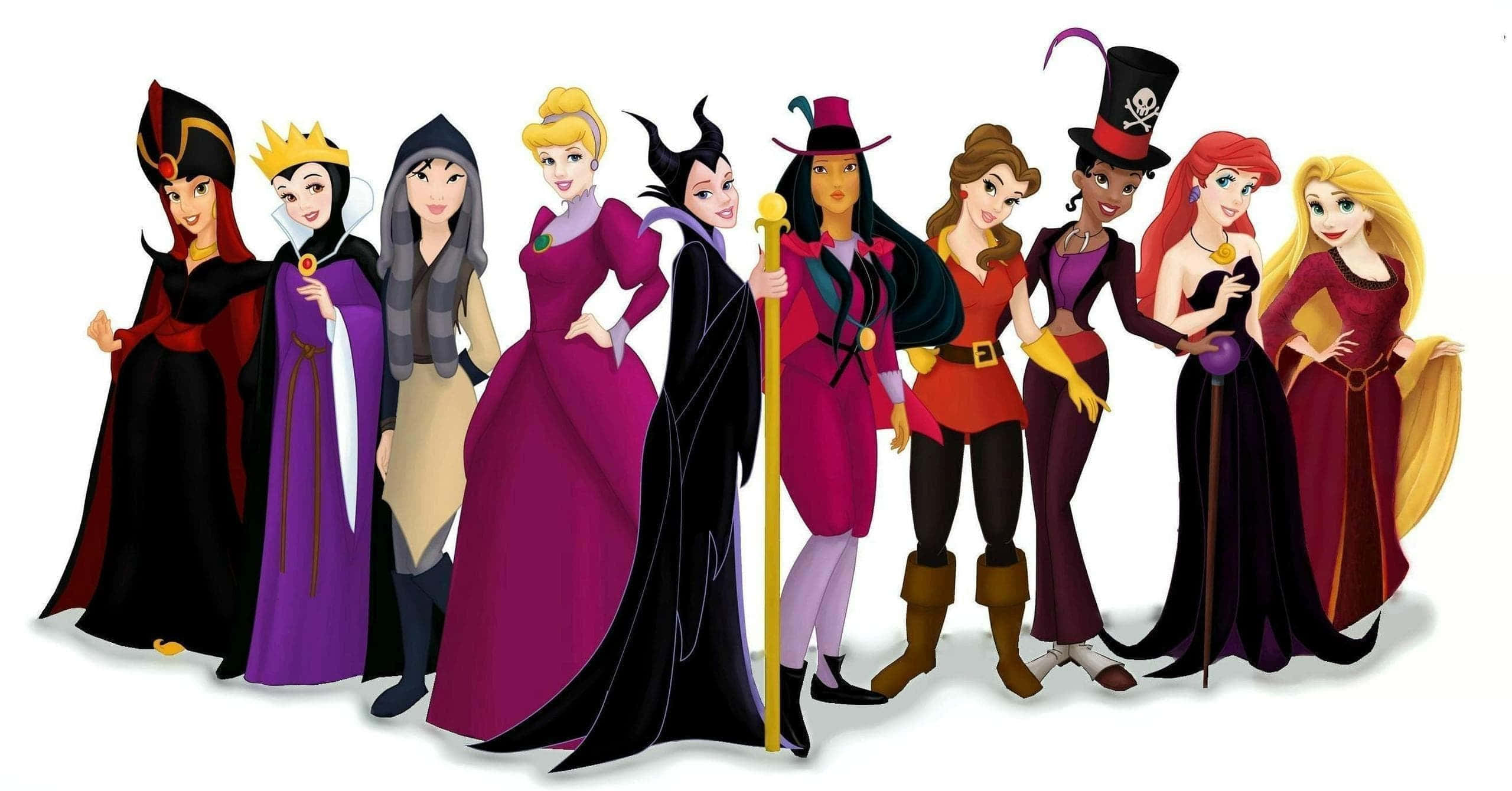 Cartoon Villains 桌布 壁紙 — 一排迪士尼動畫女性反派穿著色彩繽紛的服裝，在純白色背景前自信地擺姿勢。