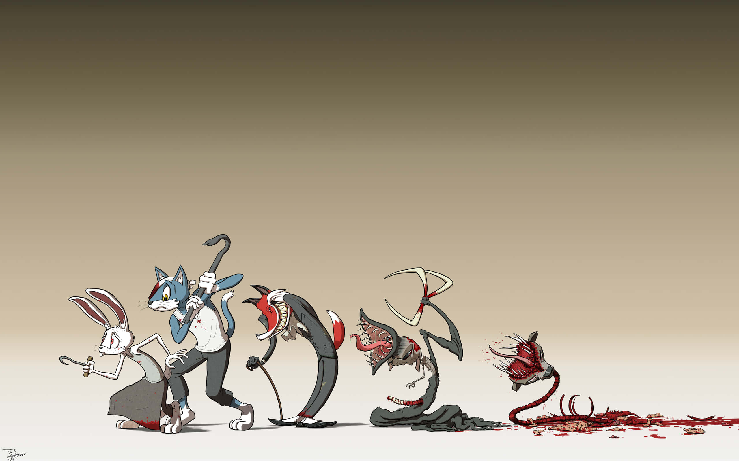 奇怪 桌布 壁紙 — 一排逐漸變得更加怪異的擬人化動物，在純米色背景上腐化成怪誕的形態。
