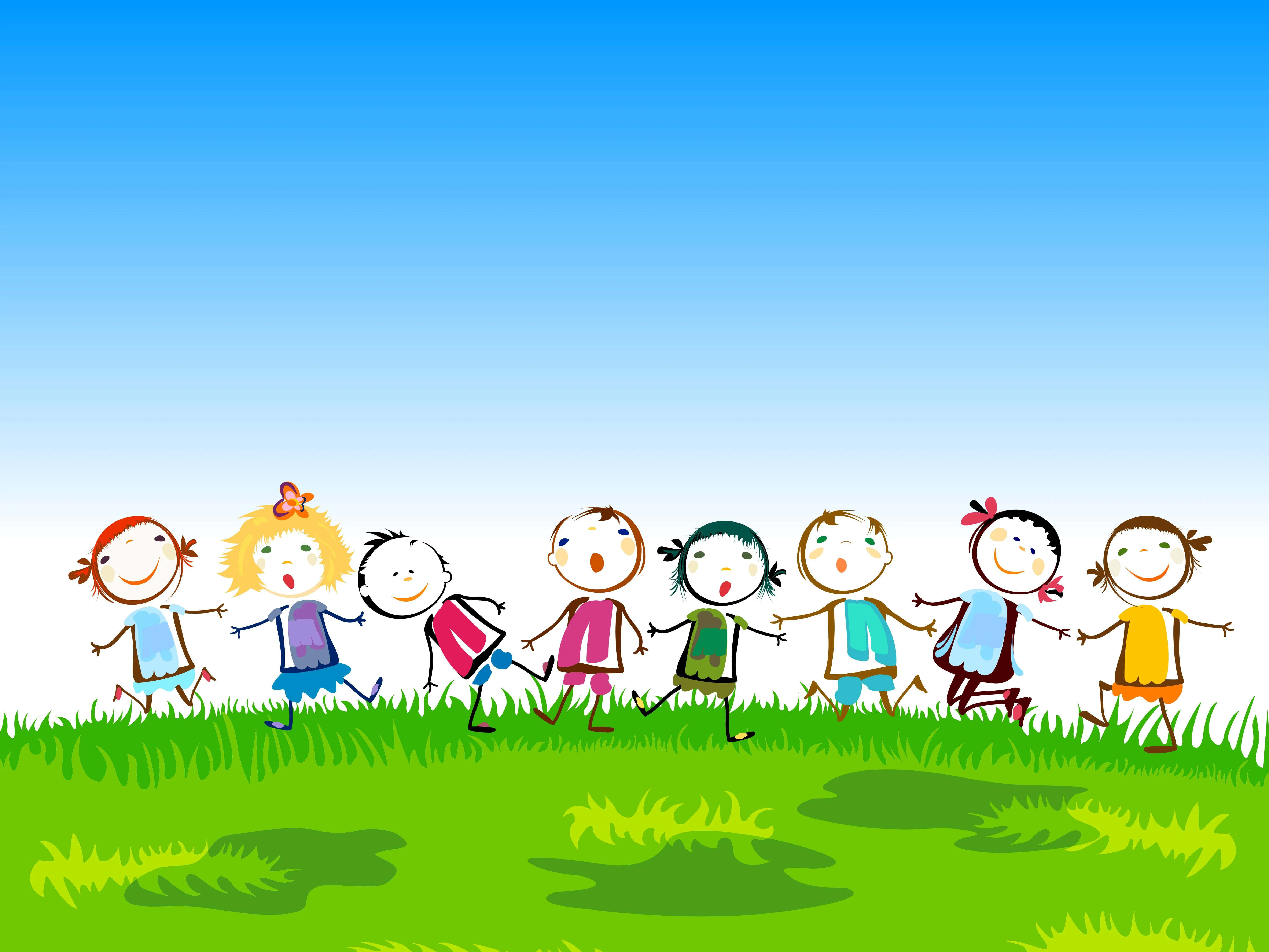 children 桌布 壁紙 — 一排開心的卡通小朋友手牽手，在晴朗藍天下跳過充滿活力的綠色田野。
