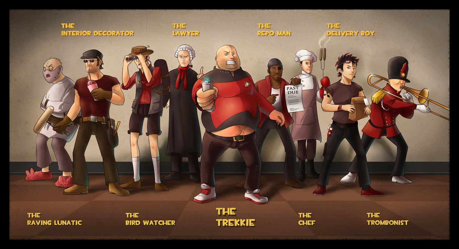 Team Fortress 2 Characters 桌布 壁紙 — 一排風格化的卡通人物，標有職業如'trekkie'和'chef'，站在素牆前。