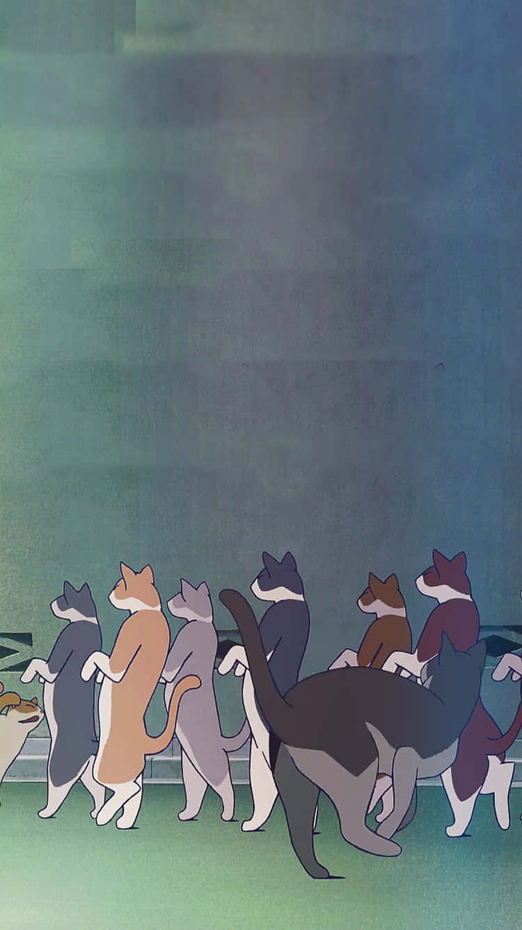 the cat returns 桌布 壁紙 — 一排風格化的貓咪以柔和的色調在朦朧的藍天下穿過綠色田野。