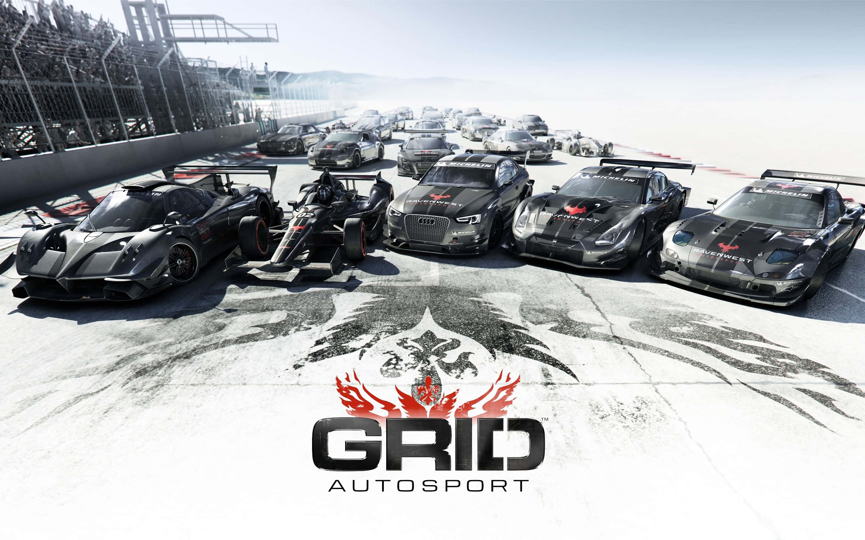 網格 桌布 壁紙 — 一排高性能賽車在陽光照耀的賽道上，'GRID AUTOSPORT'標誌顯眼展示。