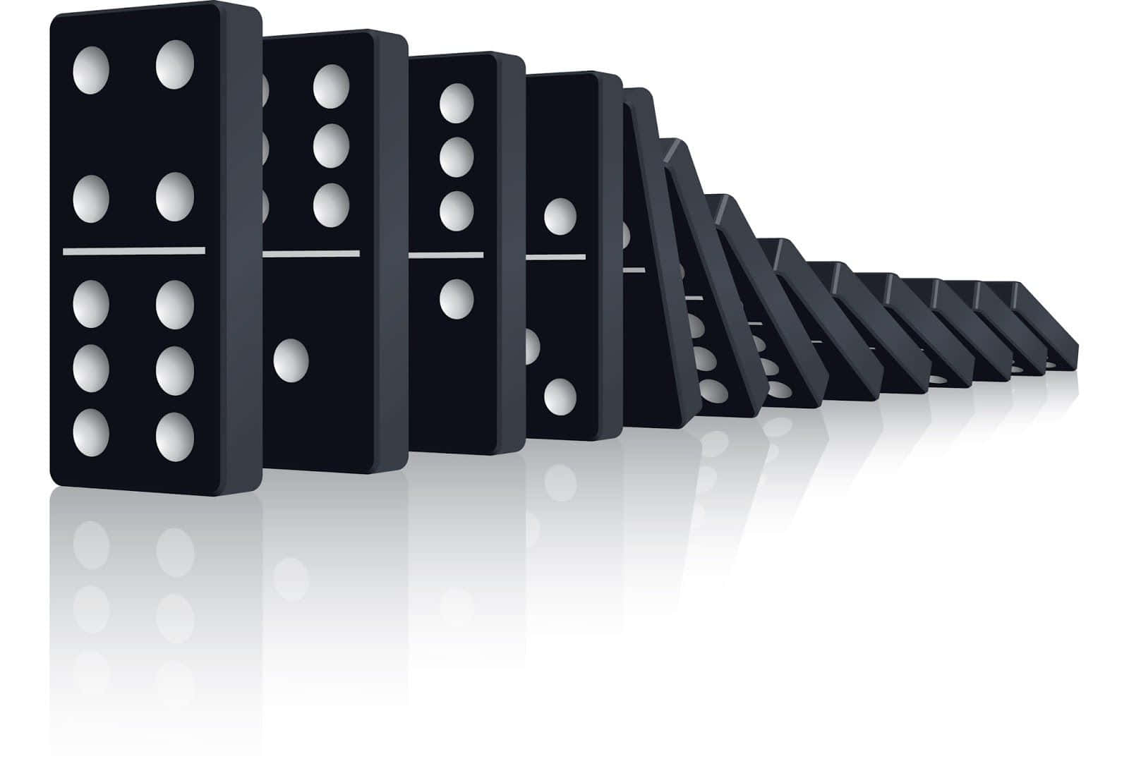 Domino 桌布 壁紙 — 一排黑色多米諾骨牌在乾淨的攝影棚拍攝中倒下，光澤表面上有白色反射。