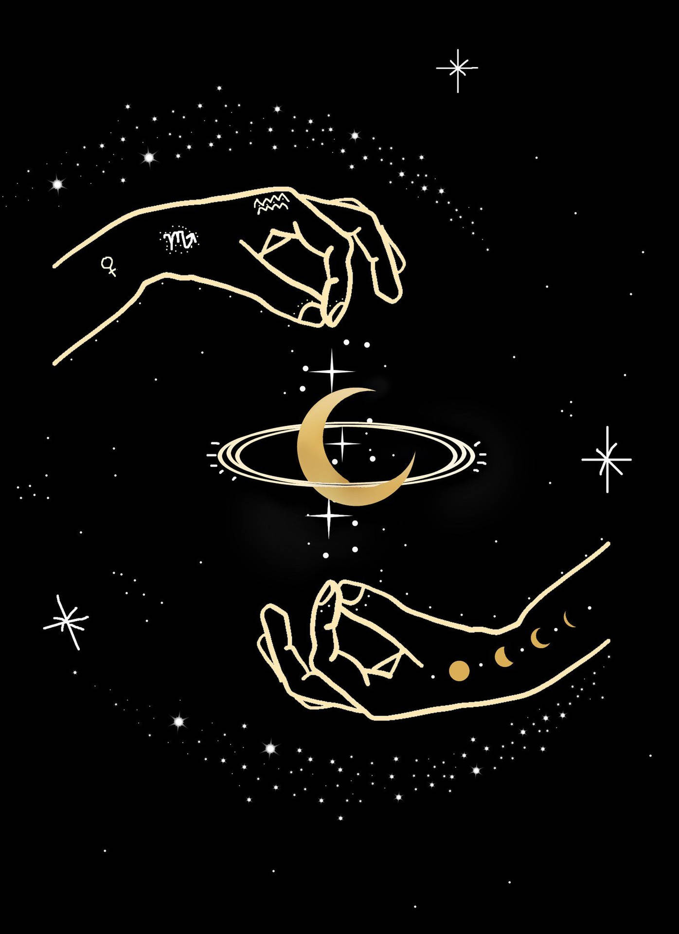 兩隻風格化的手在繁星點點的夜空下托著一彎新月和環。 — 月亮與星星動畫 壁紙