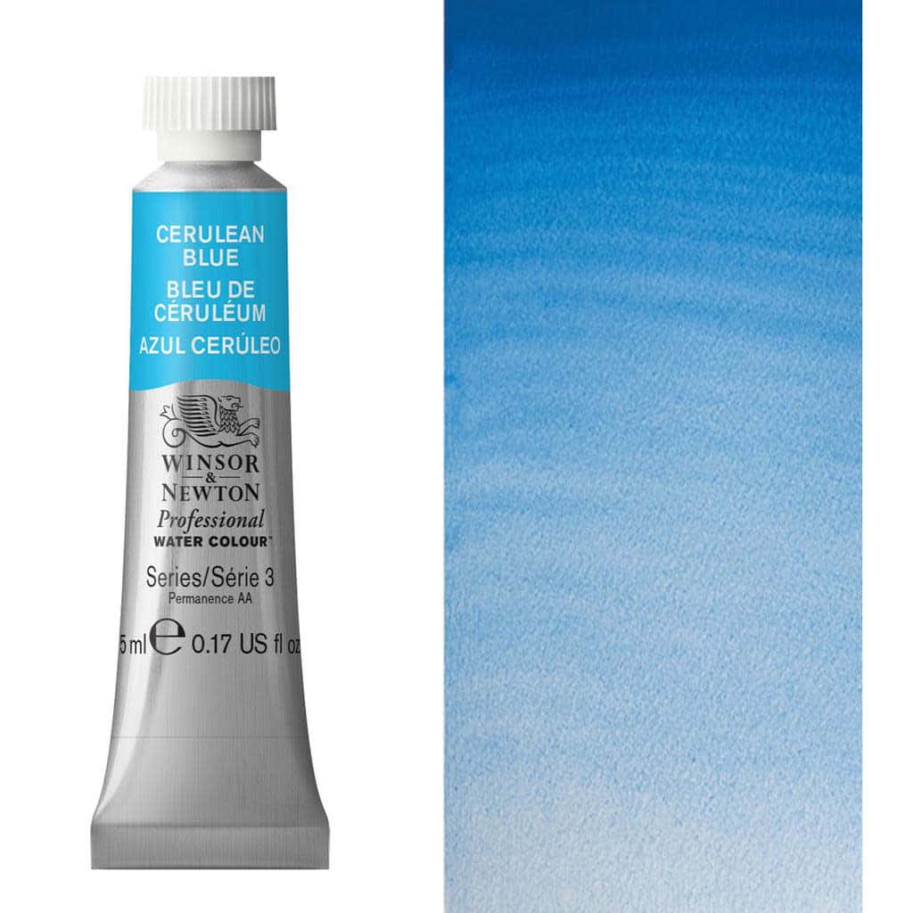 Cerulean Blue 桌布 壁紙 — 一支 Winsor & Newton 天藍色水彩顏料管，旁邊係紋理紙上嘅漸變色樣本。