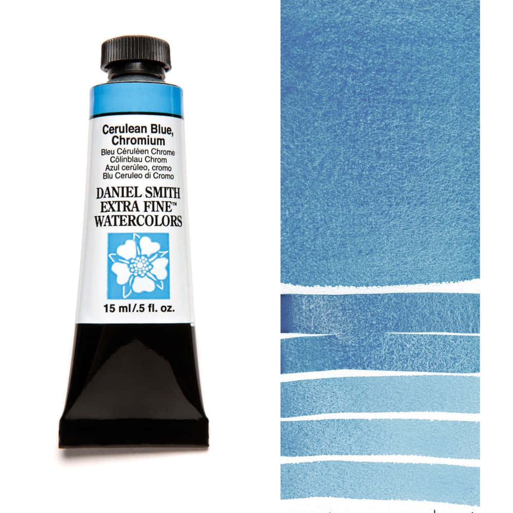 Cerulean Blue 桌布 壁紙 — 一支Daniel Smith Cerulean Blue Chromium水彩顏料管，旁邊係紙上帶紋理嘅色板。