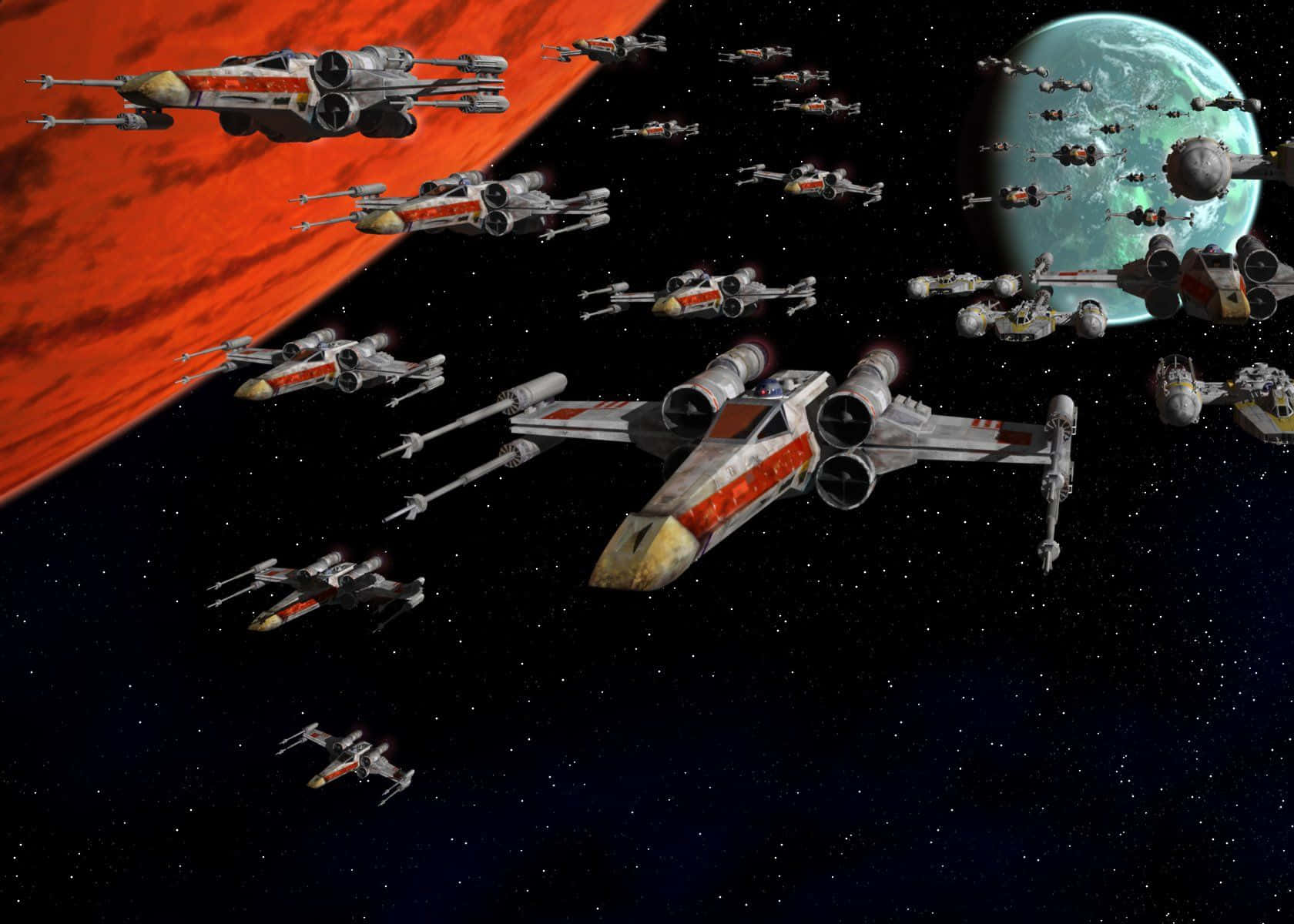 X-wing Fighter 桌布 壁紙 — 一支X翼星際戰鬥機艦隊在太空飛行，靠近一顆紅色行星和一顆藍綠色行星。